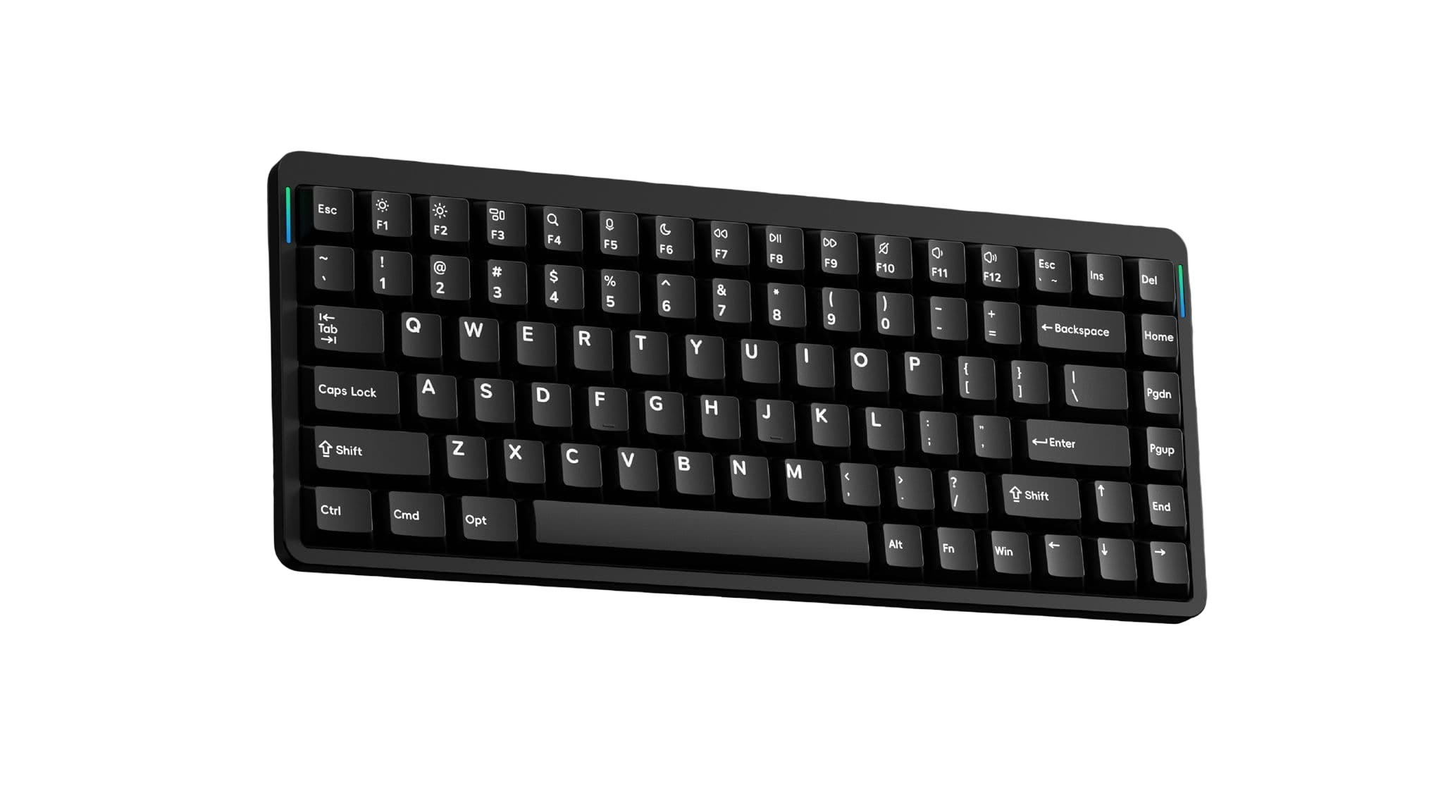 Czarna, kompaktowa klawiatura mechaniczna z podświetleniem RGB po bokach.