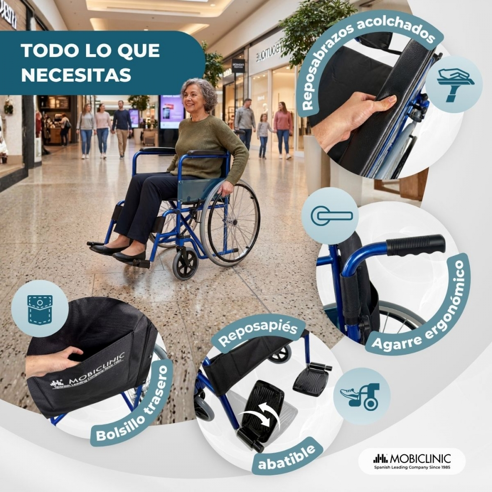 Una mujer en silla de ruedas azul en un centro comercial, con primeros planos de características.