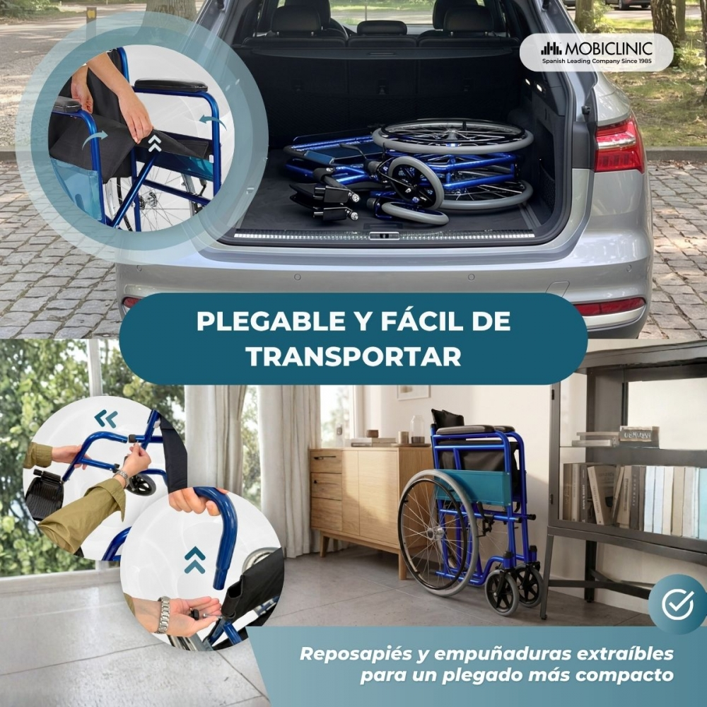 Una silla de ruedas azul se carga en el maletero de un coche. Primeros planos muestran su plegado.