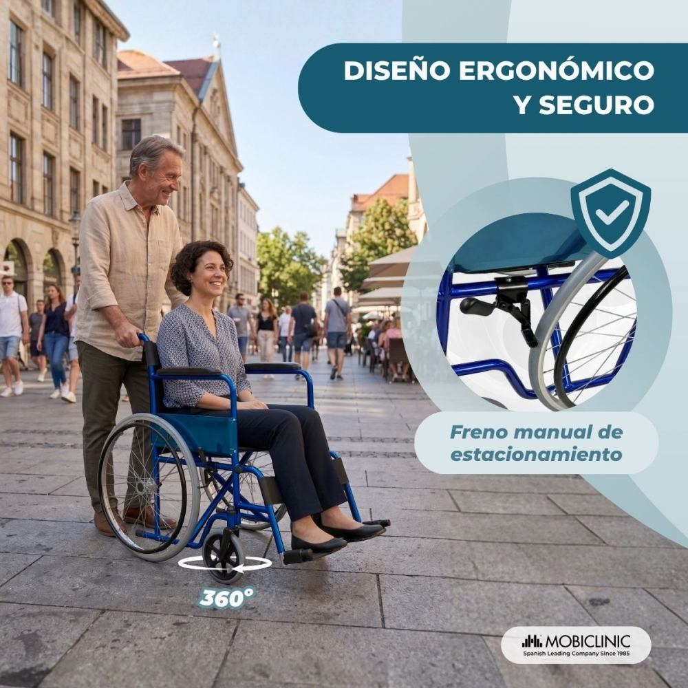Un hombre empuja a una mujer en silla de ruedas azul por calle adoquinada. Texto sobre diseño y freno.
