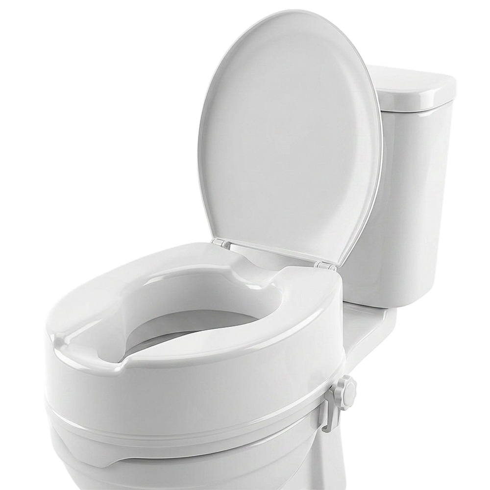 Inodoro blanco elevado con tapa y asiento levantados.