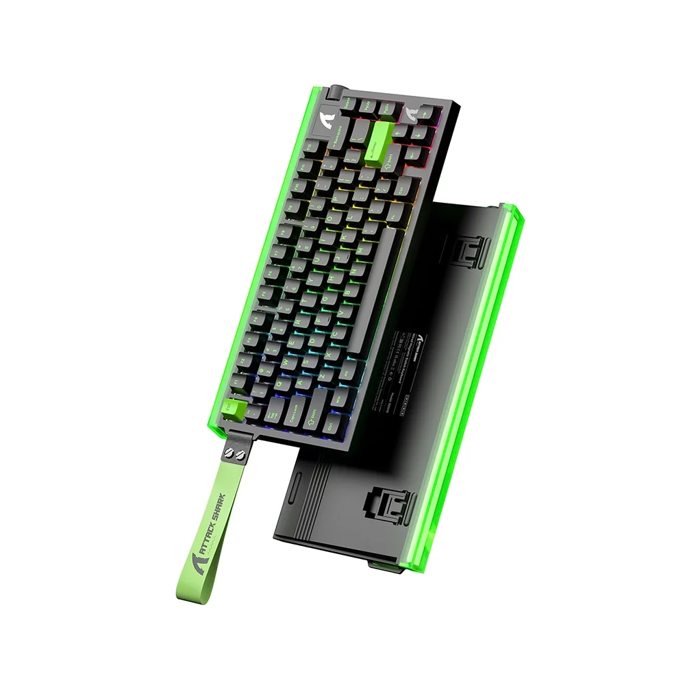 Yeşil vurgulu ve RGB aydınlatmalı siyah klavye, yeşil bilek kayışlı.