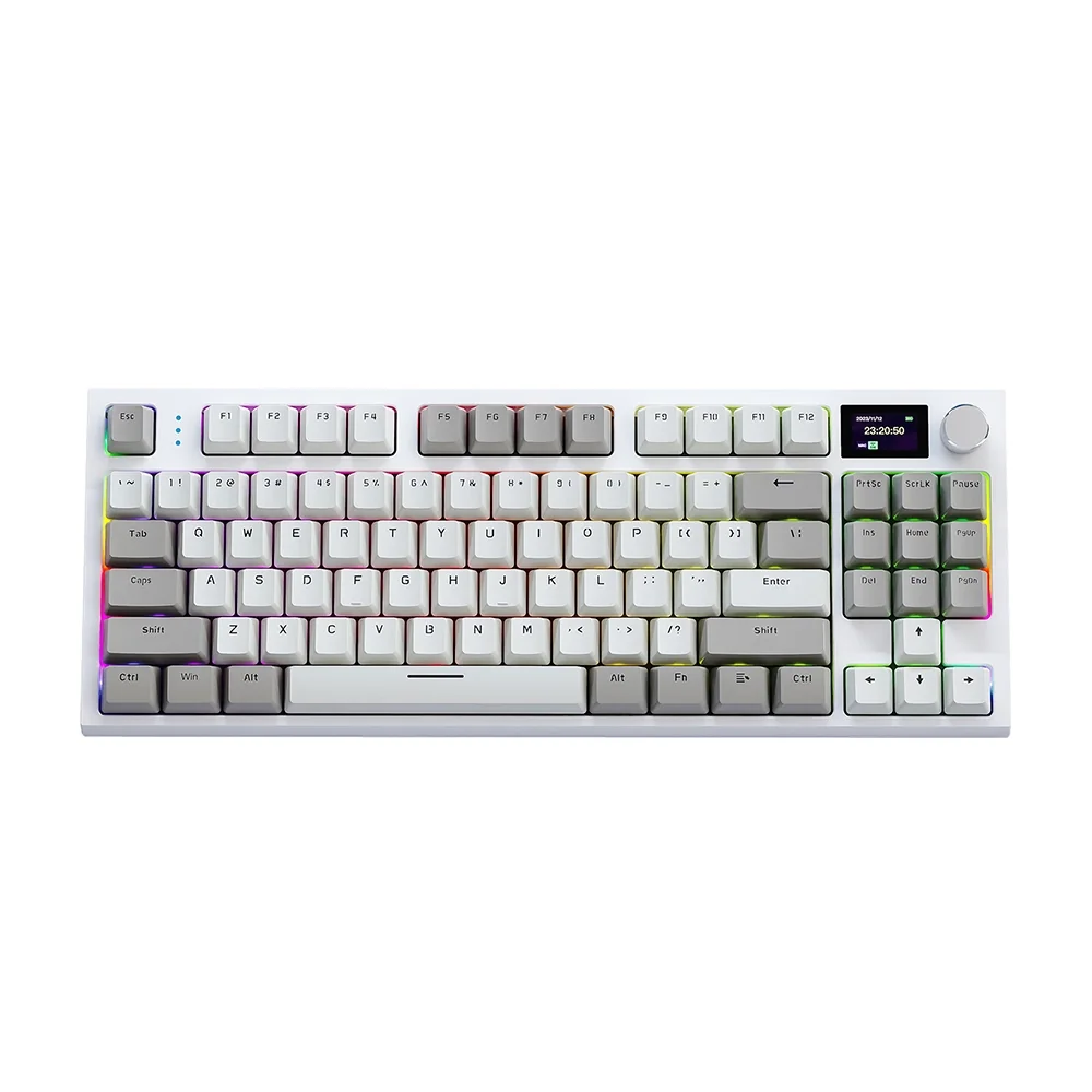 RGB arka aydınlatmalı ve küçük ekranlı beyaz mekanik klavye.