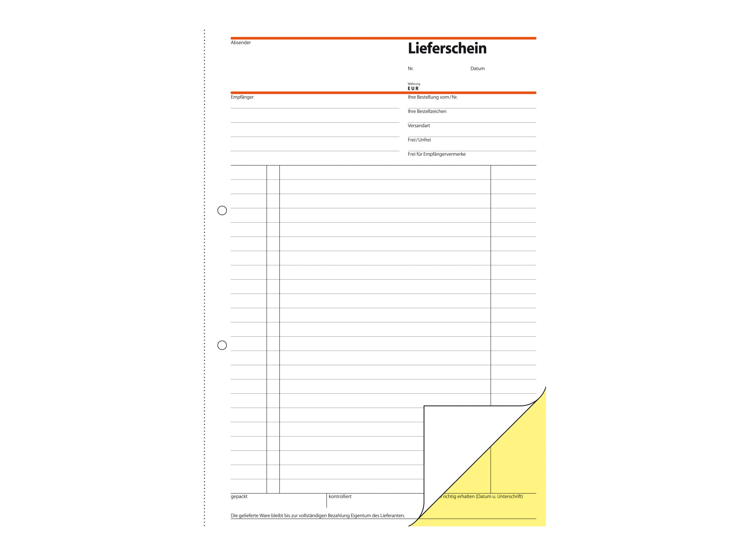 Ein Lieferschein-Formular mit Feldern für Absender, Empfänger, Bestelldaten und Versandinformationen.