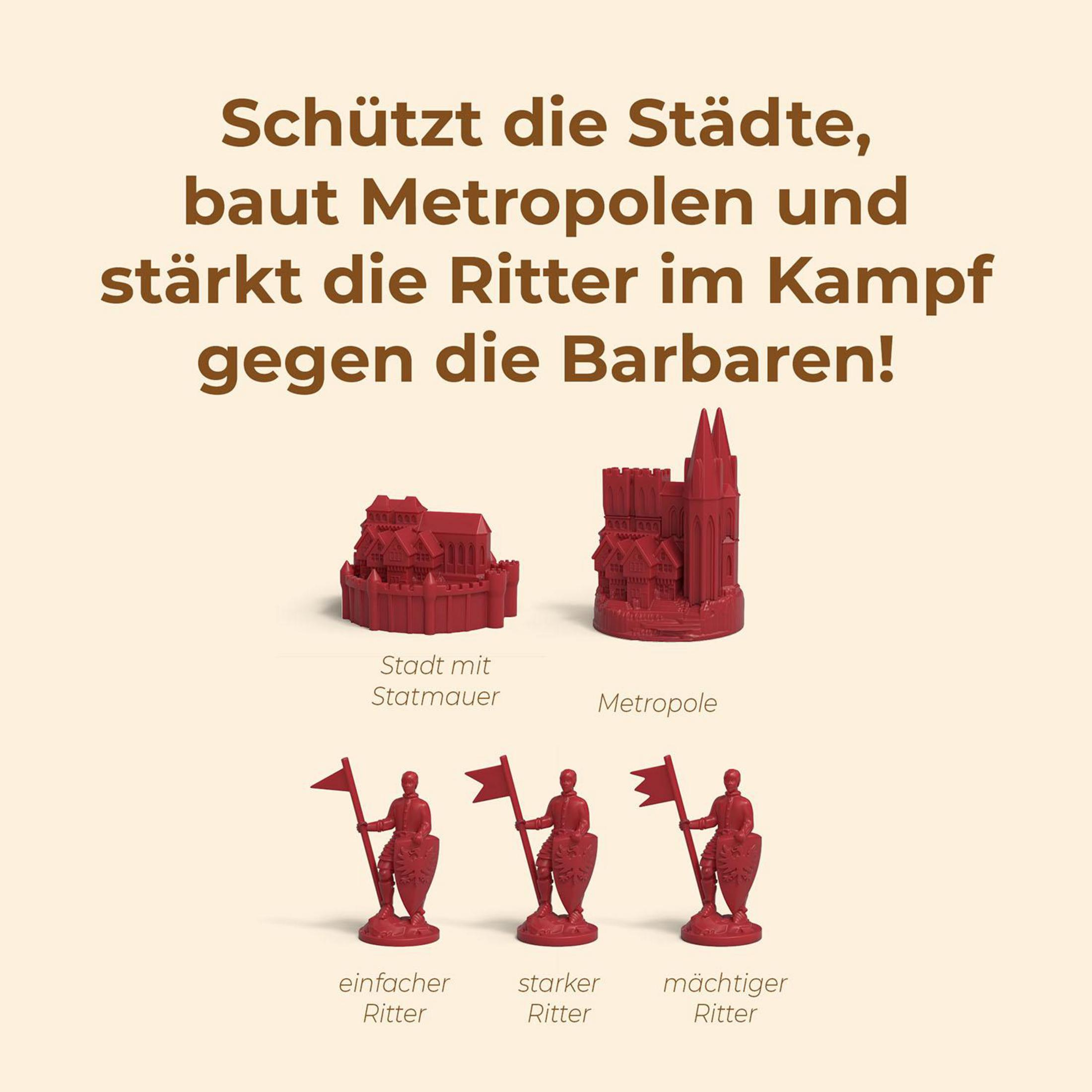 Rote Spielzeugfiguren: Stadt, Metropole und drei Ritter mit Schilden und Fahnen.
