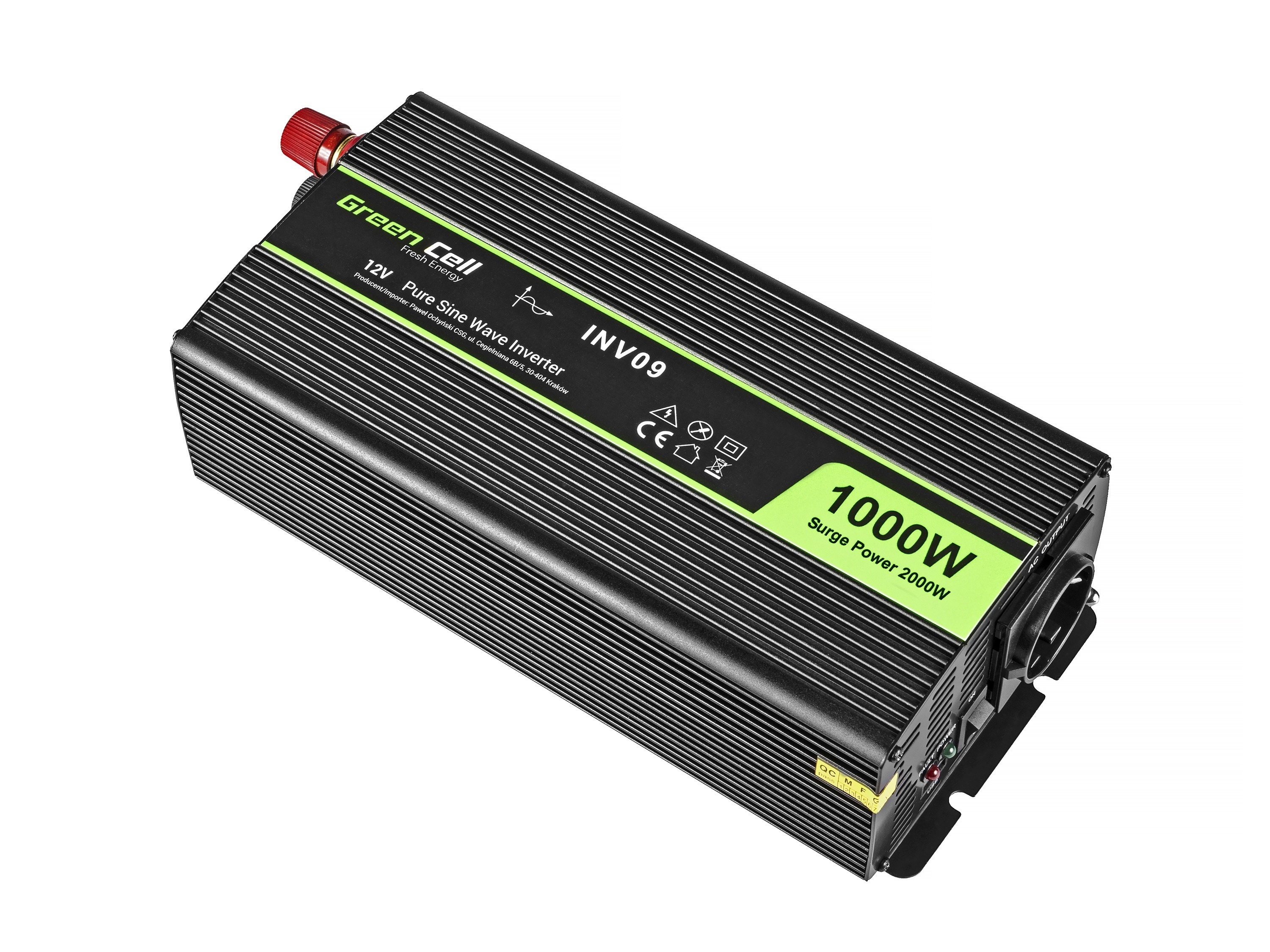 Zwarte omvormer met groene en witte details, 1000W vermogen.