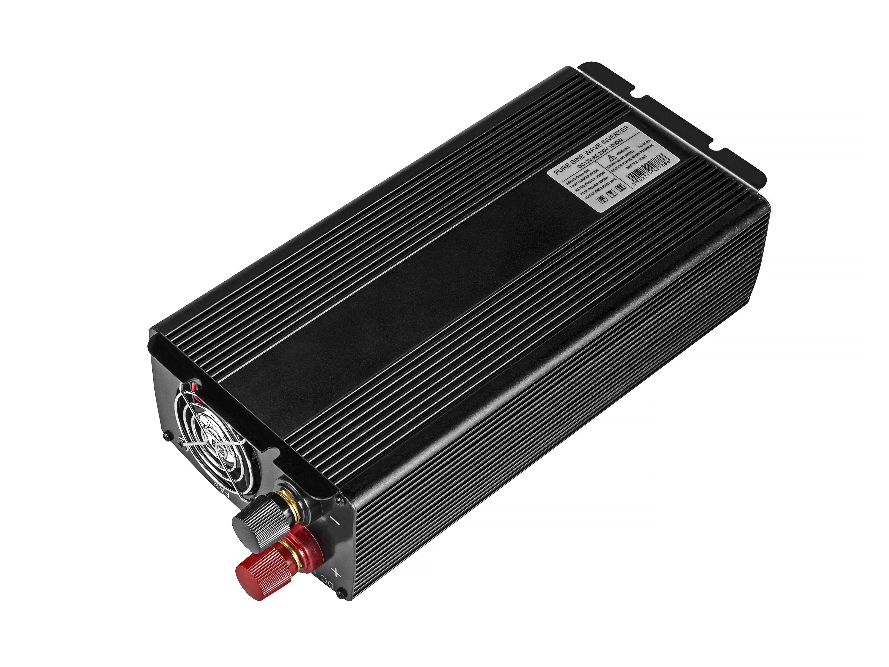 Zwarte omvormer met ventilator, aansluitingen en specificatielabel.