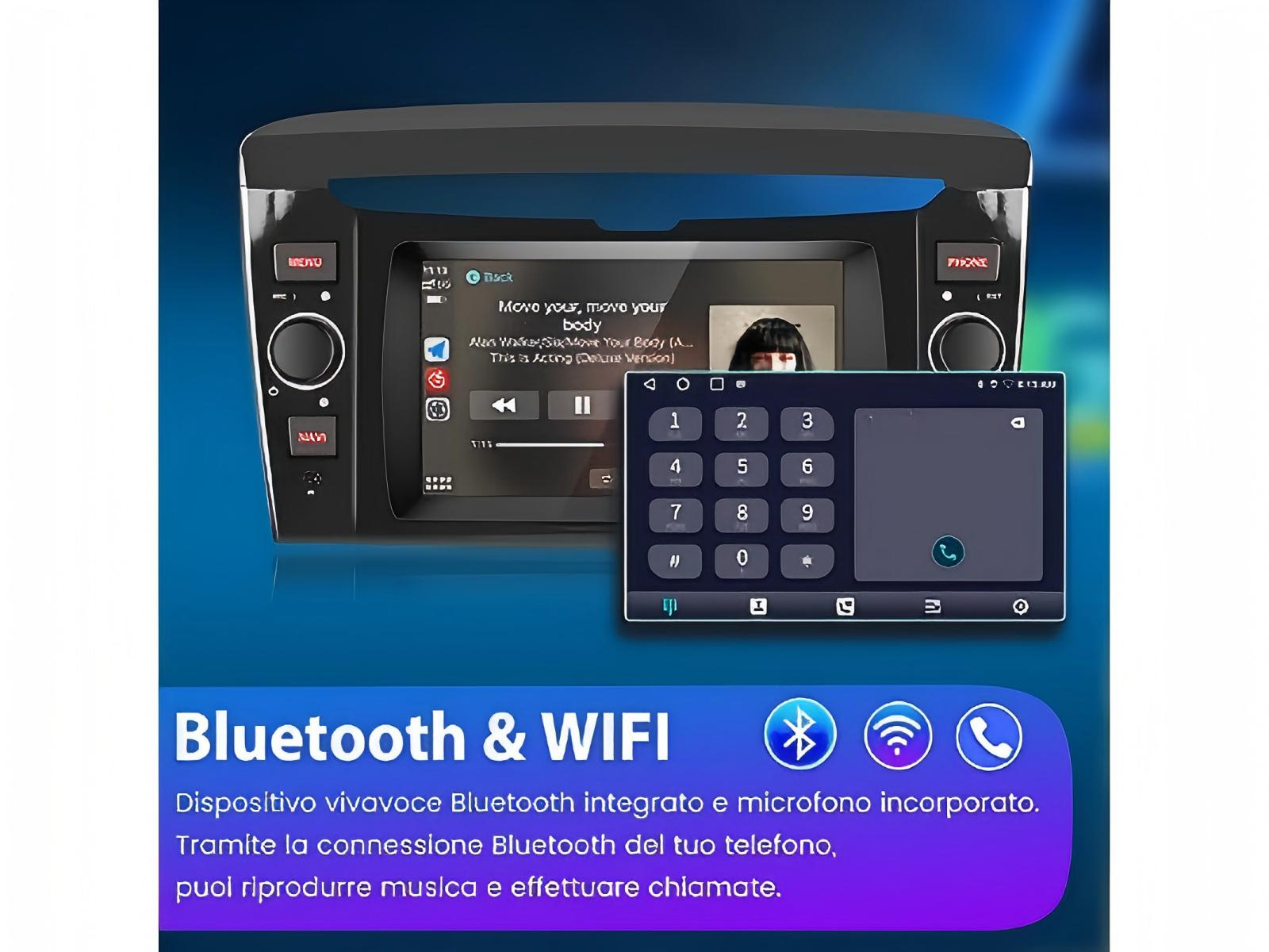 Autoradio che mostra musica e tastierino, con icone Bluetooth e WIFI.