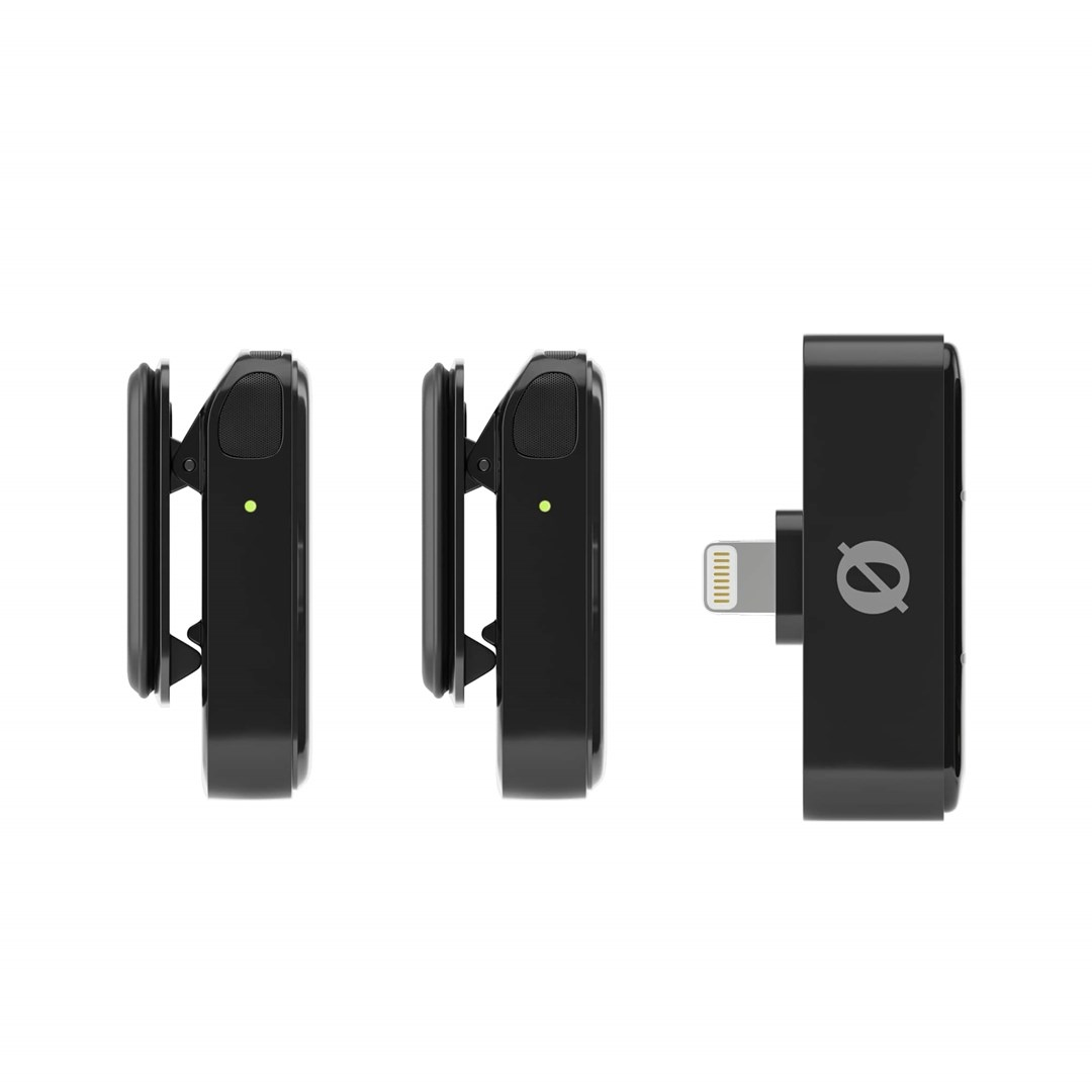Drei schwarze Audiogeräte: zwei mit Clips, eines mit Lightning-Anschluss.