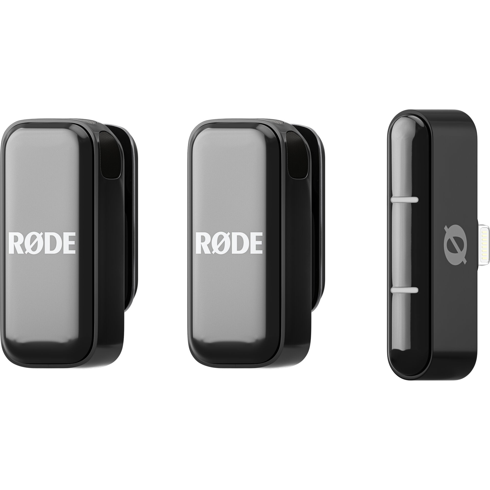 Drei schwarze RODE Wireless GO II Transmitters auf weißem Hintergrund.
