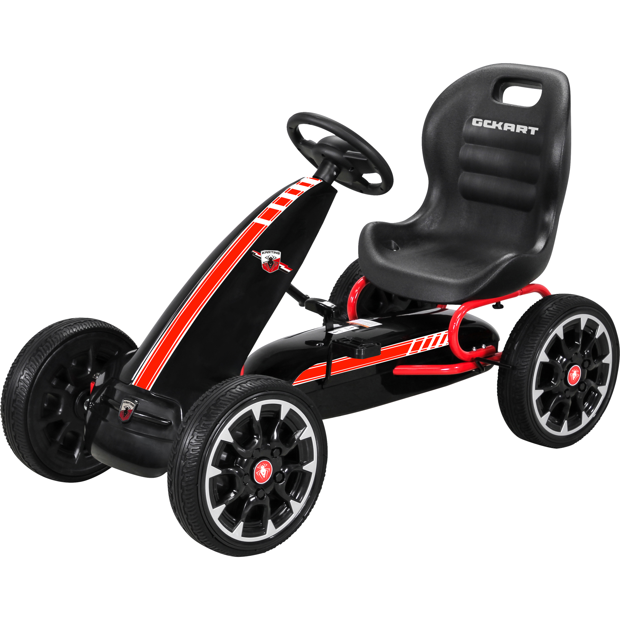 Ein schwarzer Go-Kart mit roten Streifen und einem schwarzen Sitz.