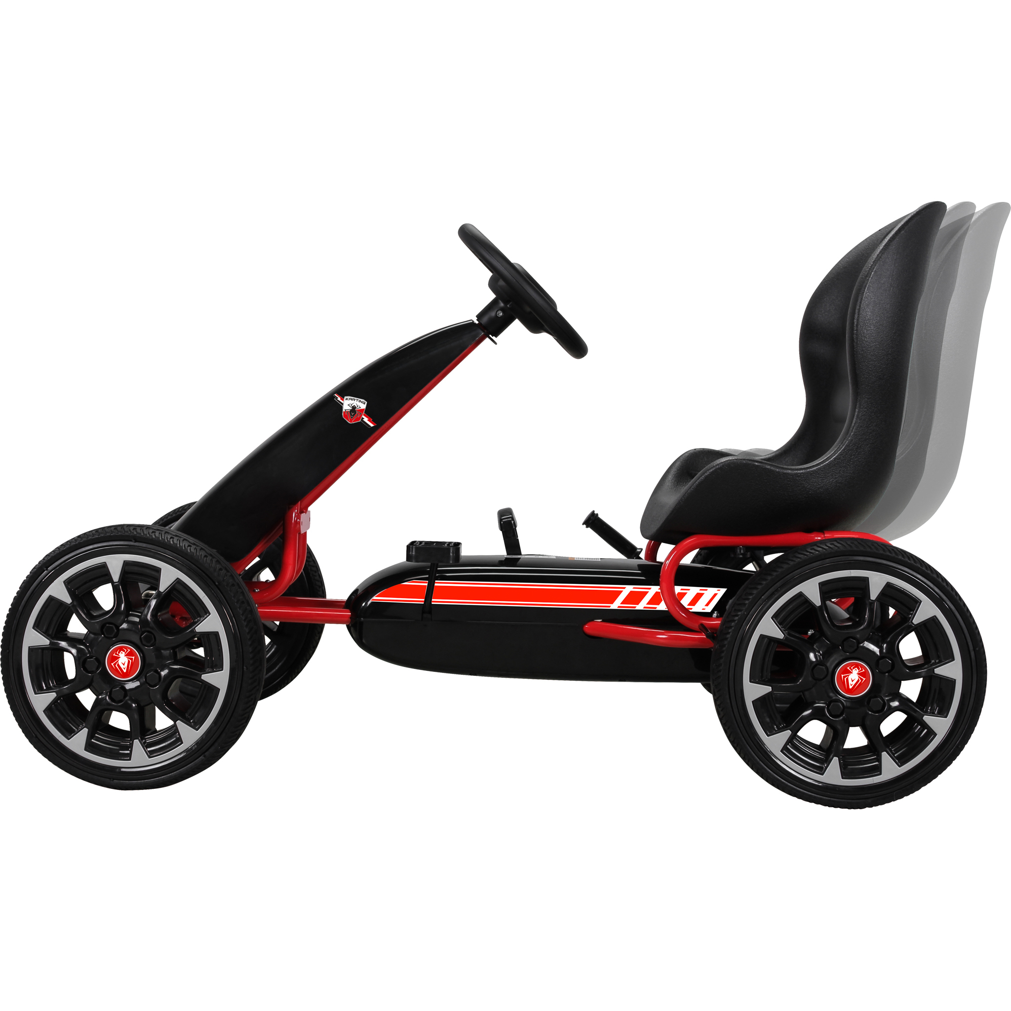 Ein schwarzer und roter Go-Kart mit schwarzen Rädern und einem schwarzen Sitz.