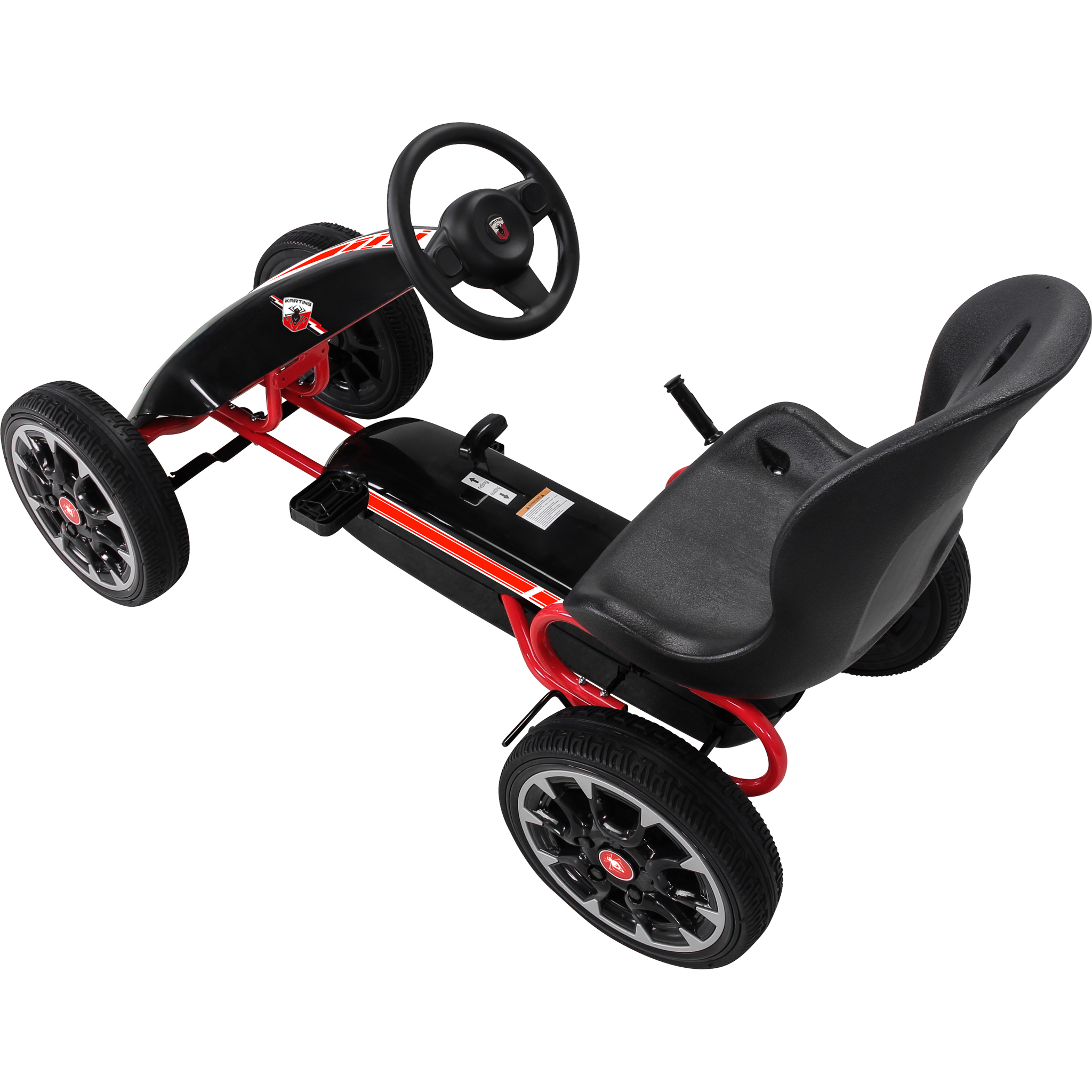 Ein schwarzer Go-Kart-Roller mit roten Akzenten und einem schwarzen Sitz.