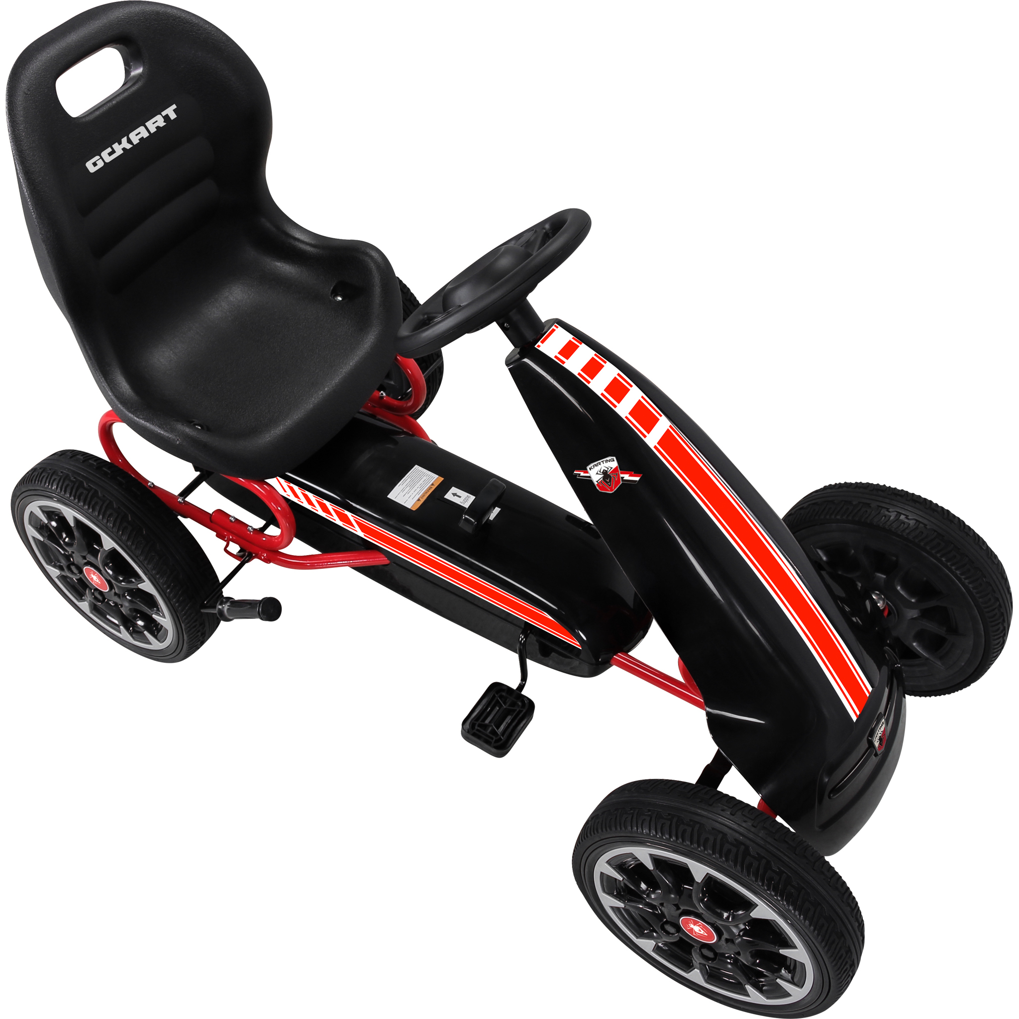 Schwarzer Go-Kart mit rotem Rahmen, schwarzem Sitz, Lenkrad und Pedalen.