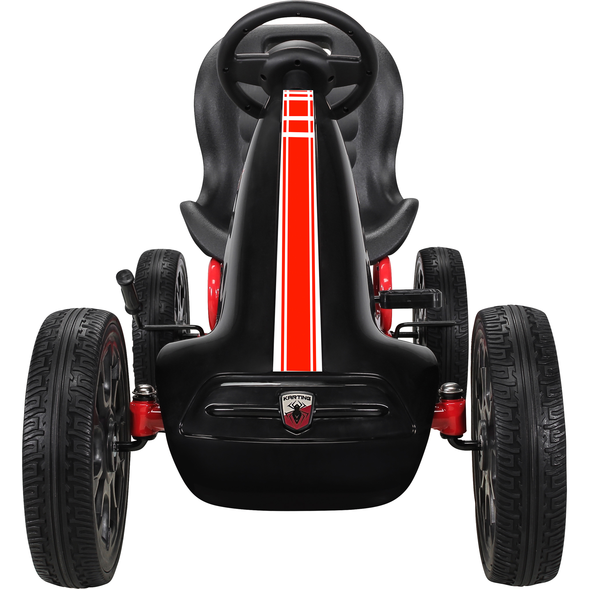 Ein schwarzer Go-Kart mit roten und weißen Streifen auf der Vorderseite.