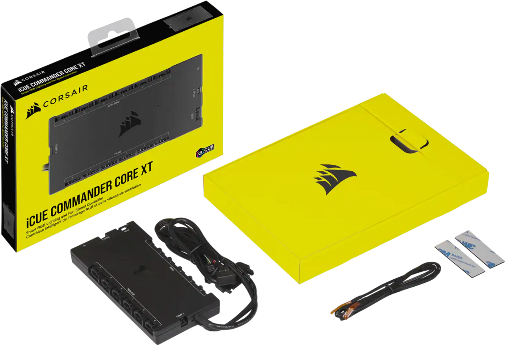 Corsair iCUE Commander Core XT mit Box, Lüfter und RGB-Controller.