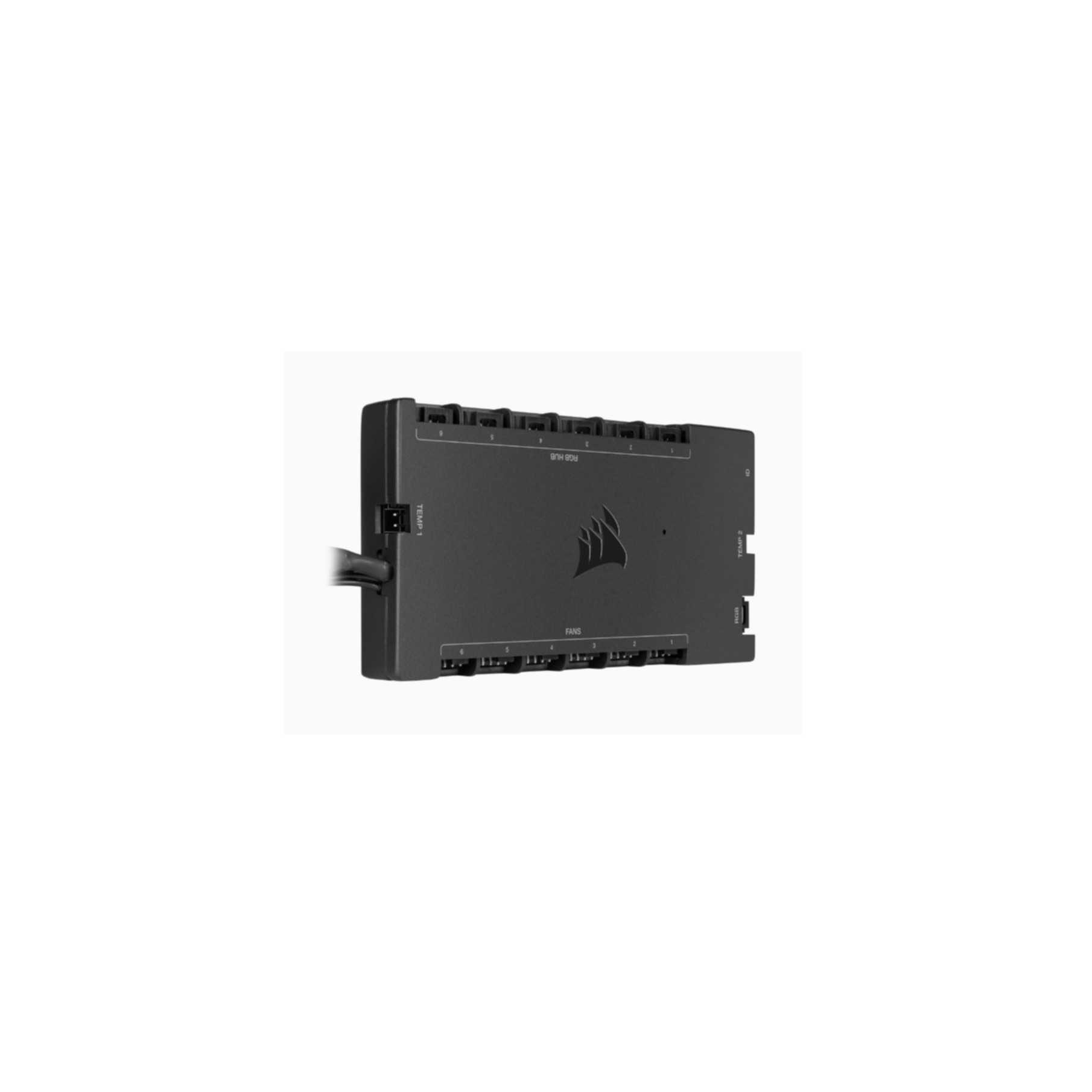 Schwarzes RGB-Lüfter-Hub mit Anschlüssen für Lüfter und RGB-Beleuchtung.