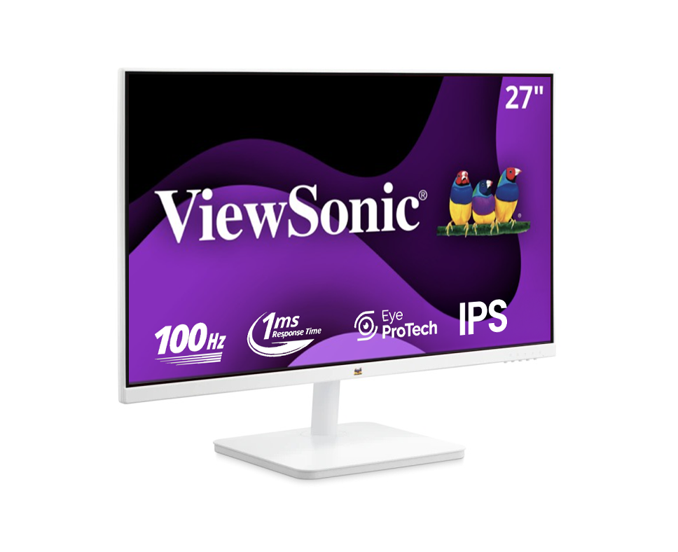 ViewSonic logosu ve renkli kuşlar gösteren beyaz 27 inç monitör.