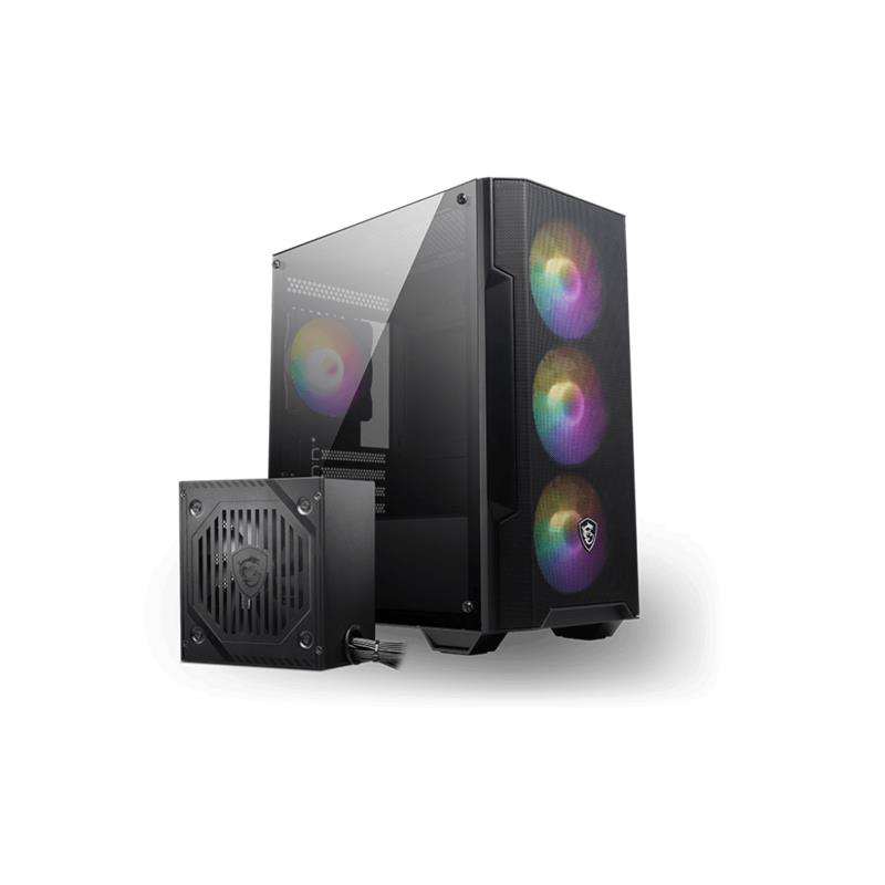 RGB fanlı ve güç kaynağı ünitesi olan siyah bilgisayar kasası.