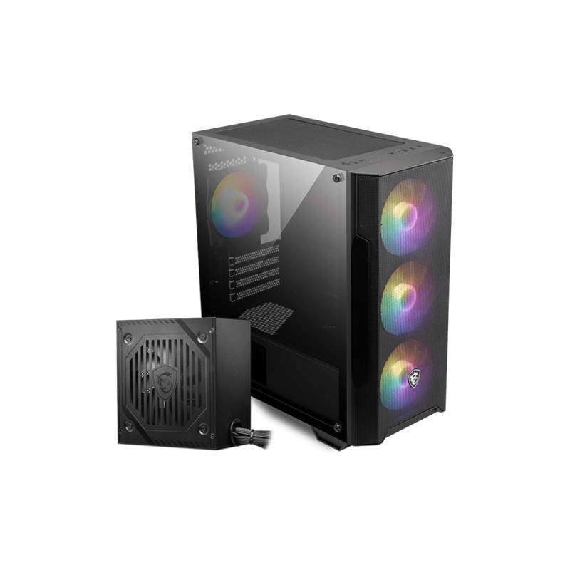 RGB fanlı siyah PC kasası ve yanında güç kaynağı ünitesi.