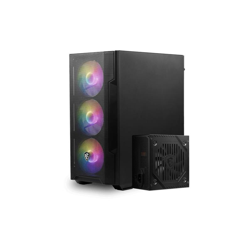 RGB fanlı siyah bilgisayar kasası, siyah güç kaynağı ünitesinin yanında.