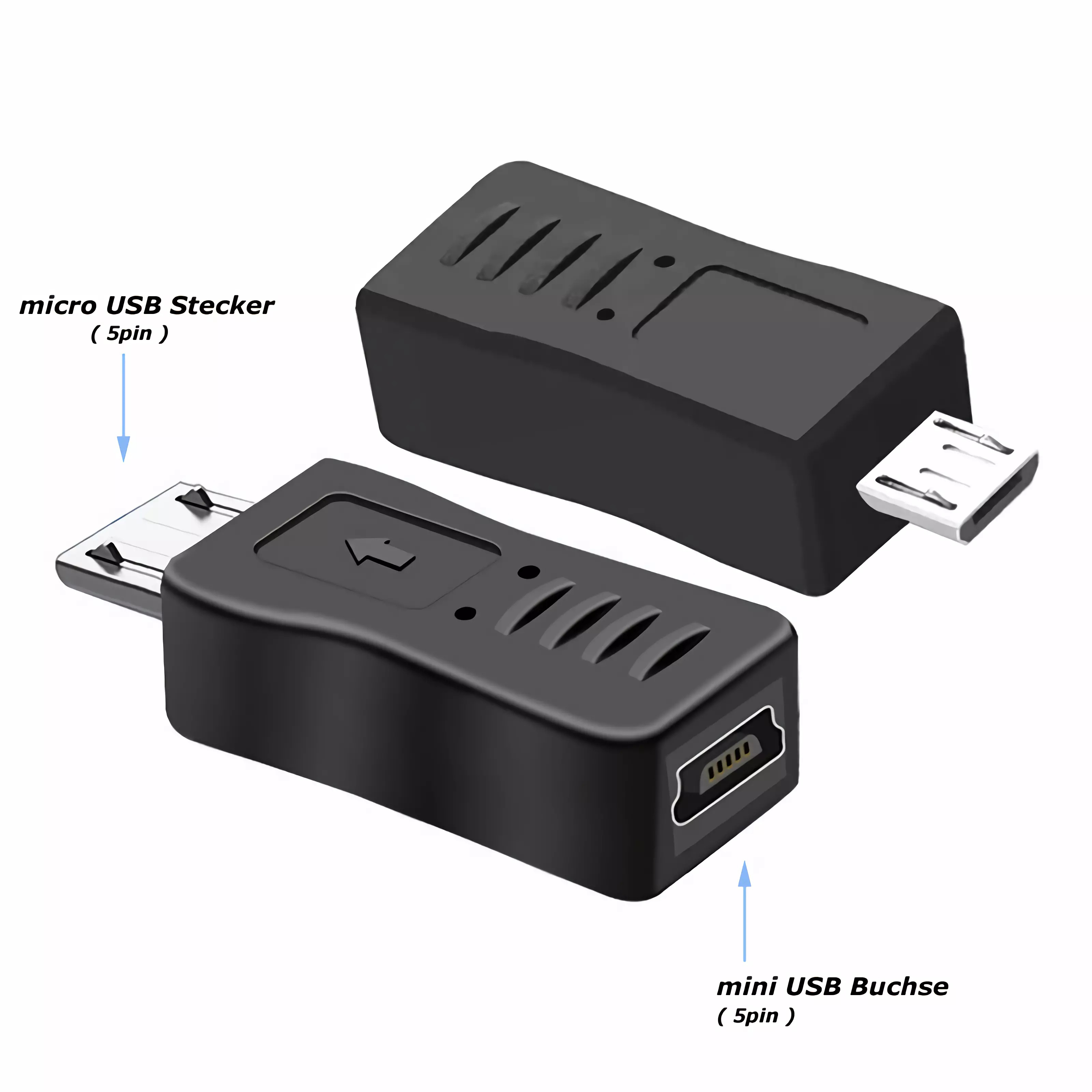 Zwei schwarze USB-Adapter mit Beschriftung und Pfeilen auf weißem Hintergrund.