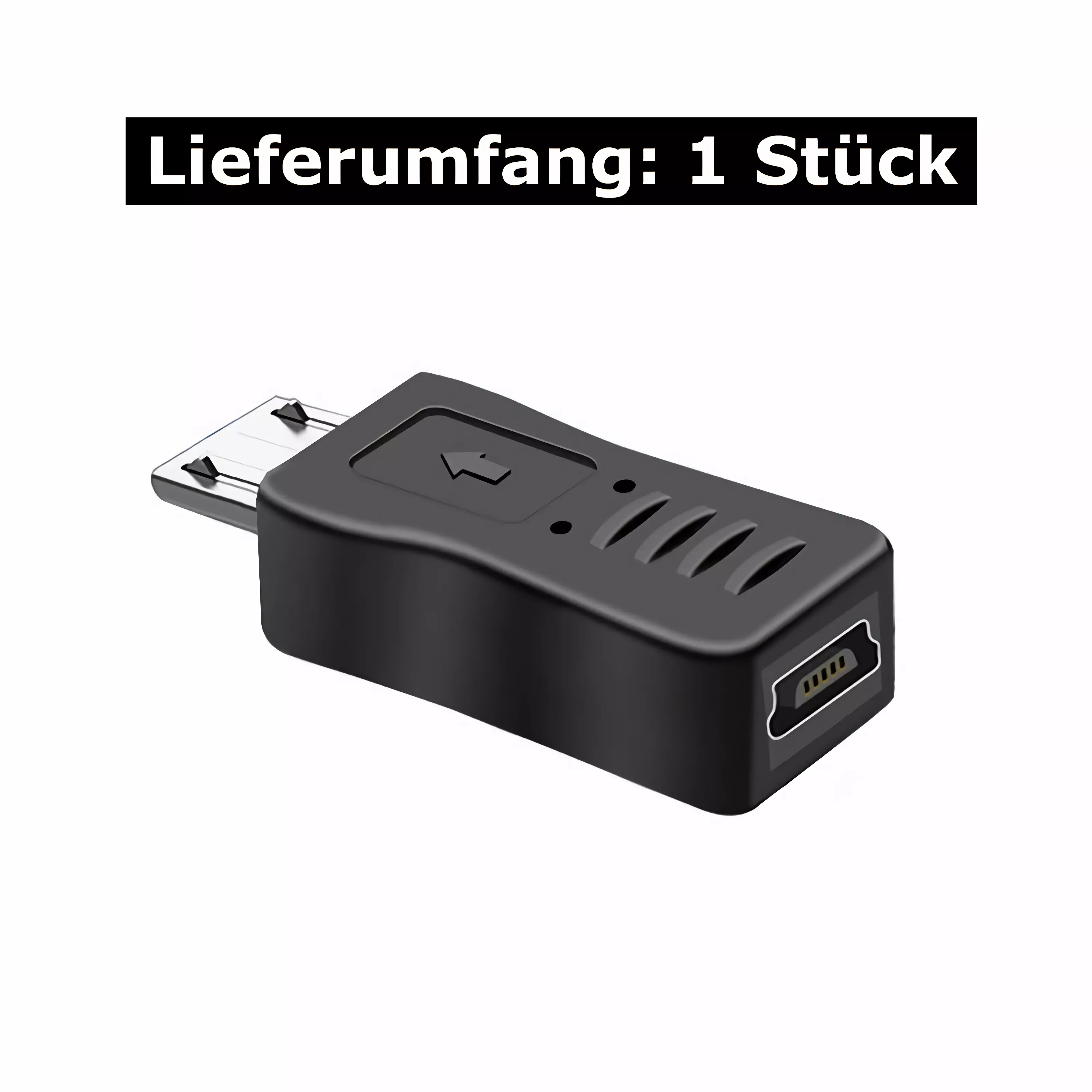 Schwarzer Adapter mit USB-A-Stecker und Micro-USB-Buchse.