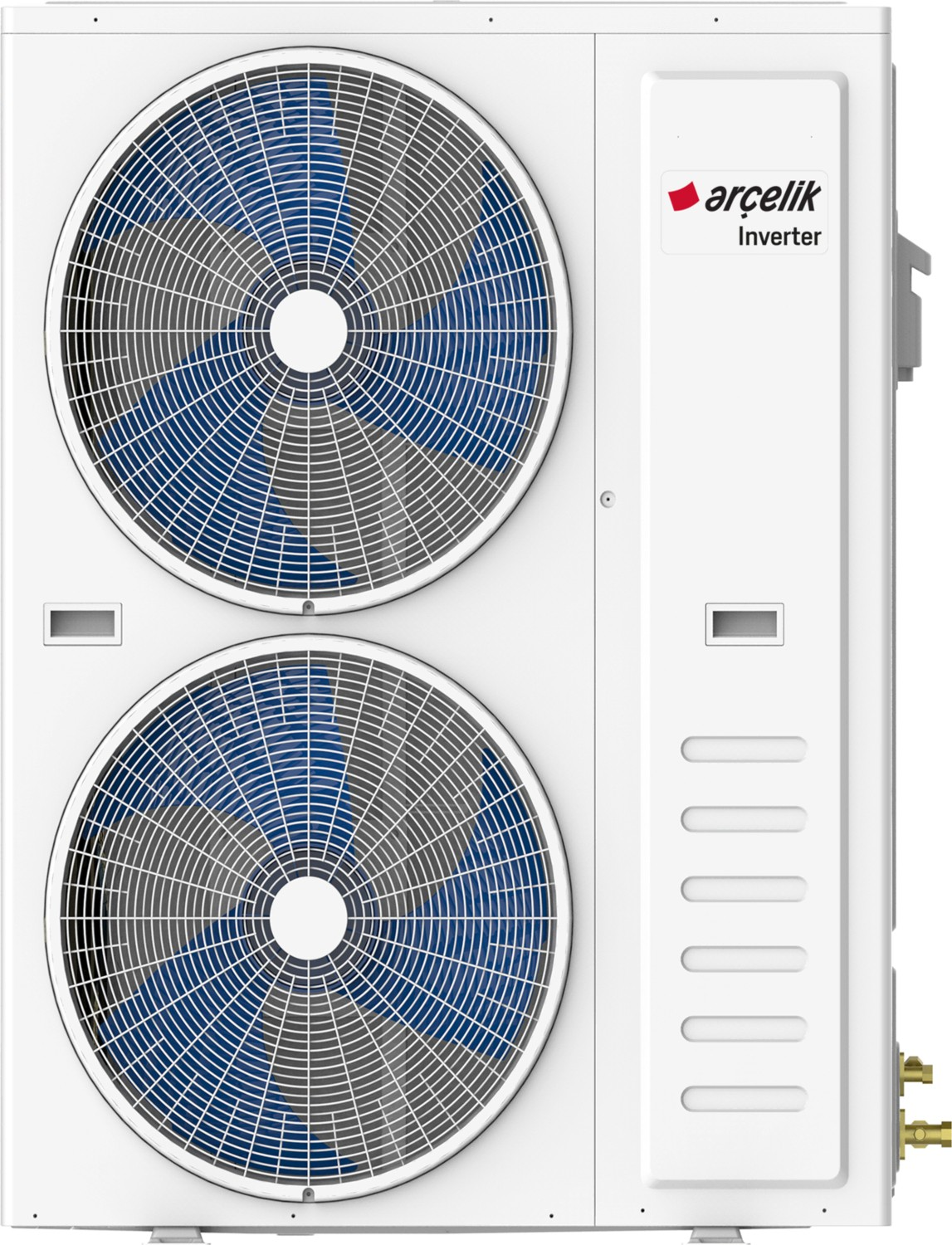 Mavi kanatlı iki fanlı beyaz Arçelik inverter dış ünite.