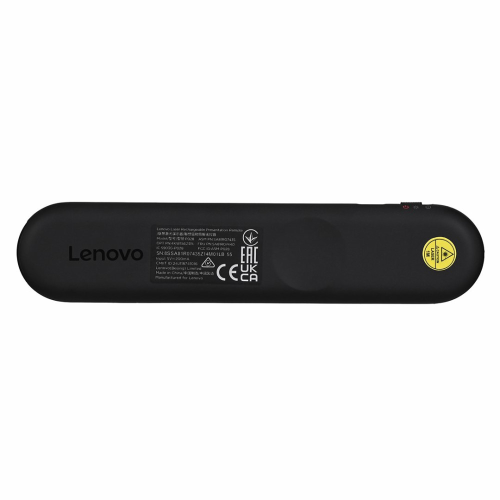 Metin ve logolu siyah Lenovo lazer sunum kumandası.