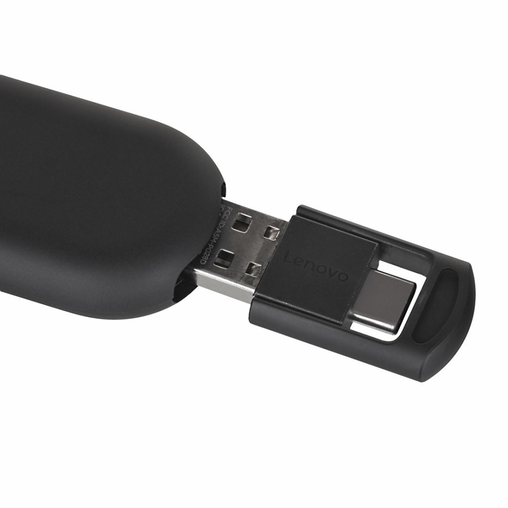 Lenovo logolu siyah USB bellek, kılıfına kısmen takılı.