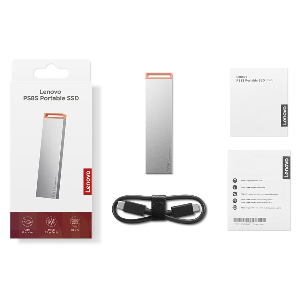 Opakowanie przenośnego dysku SSD Lenovo PS8S, dysk SSD, kabel USB-C i instrukcja