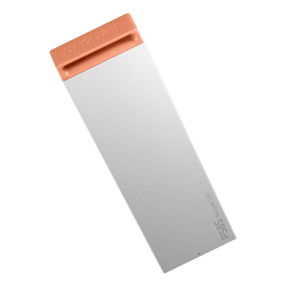 Srebrny przenośny dysk SSD z pomarańczową nakładką Lenovo.