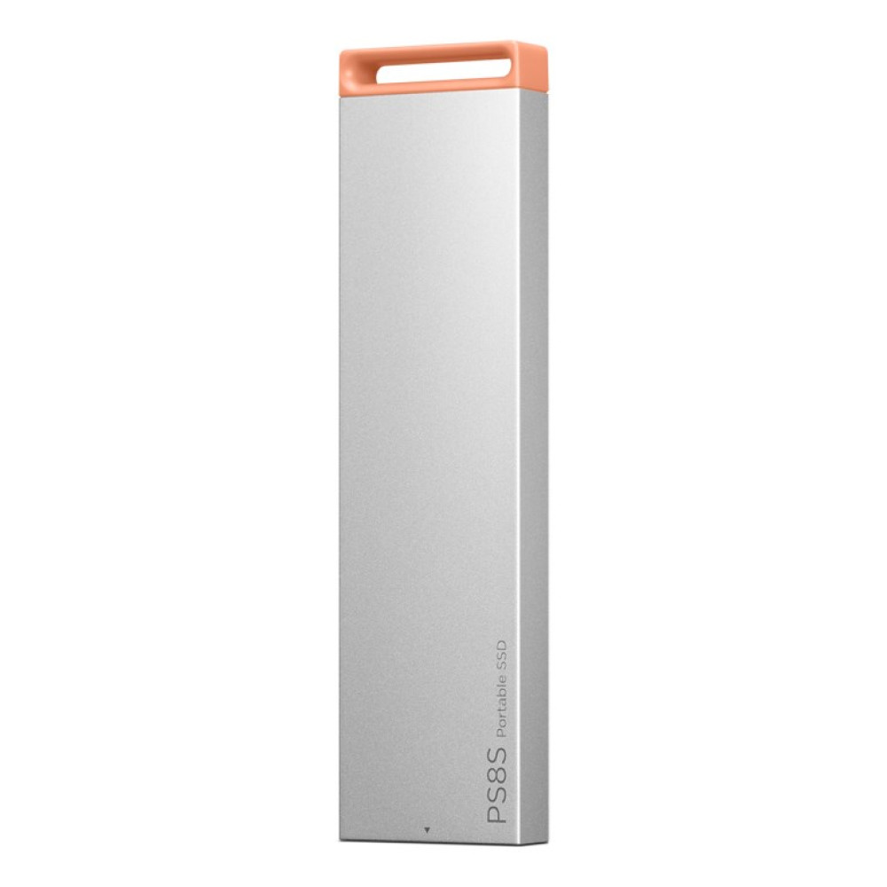 Srebrny przenośny dysk SSD z pomarańczową rączką.