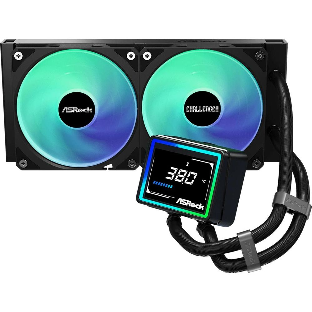 Czarna chłodnica ASRock z dwoma wentylatorami RGB i cyfrowym wyświetlaczem pokazującym 38,0 C.