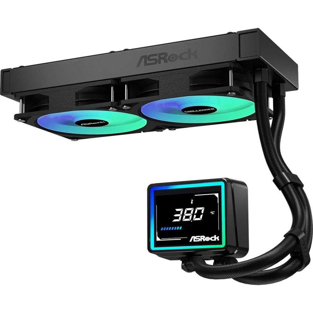 Czarny cooler CPU ASRock z dwoma wentylatorami RGB i cyfrowym wyświetlaczem.