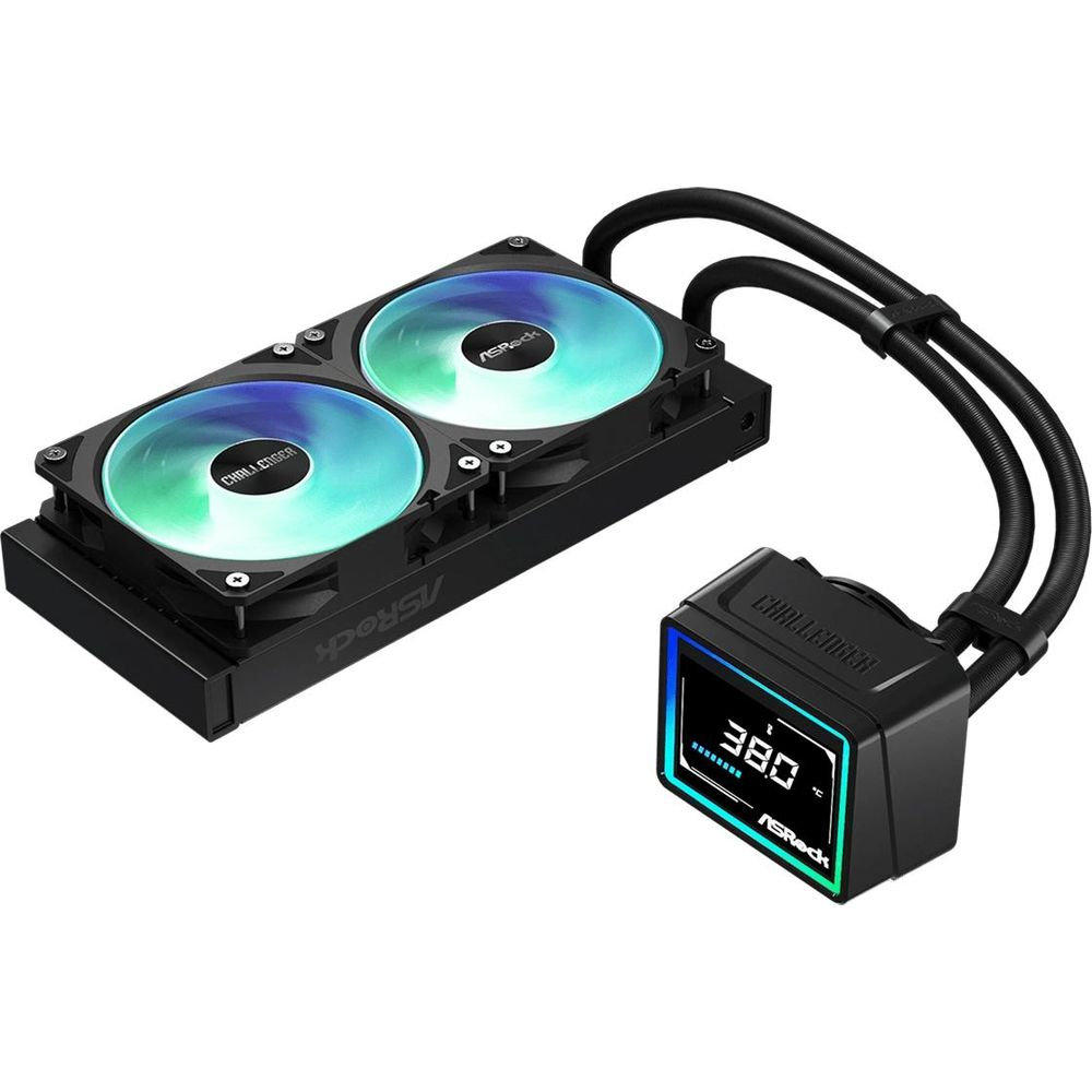 Chłodnica procesora ASRock Challenger z dwoma wentylatorami RGB i cyfrowym wyświetlaczem.