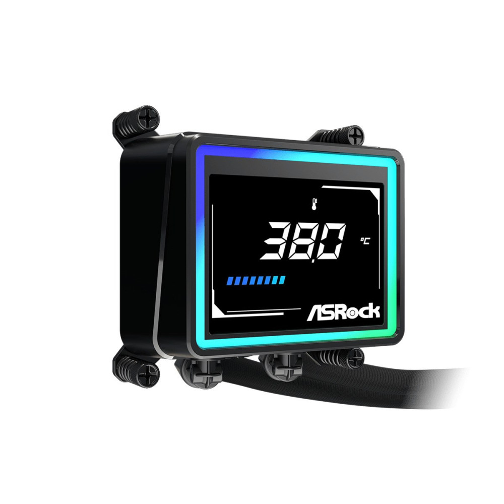 Czarna chłodnica CPU ASRock z cyfrowym wyświetlaczem 380°C i niebieskimi diodami LED.