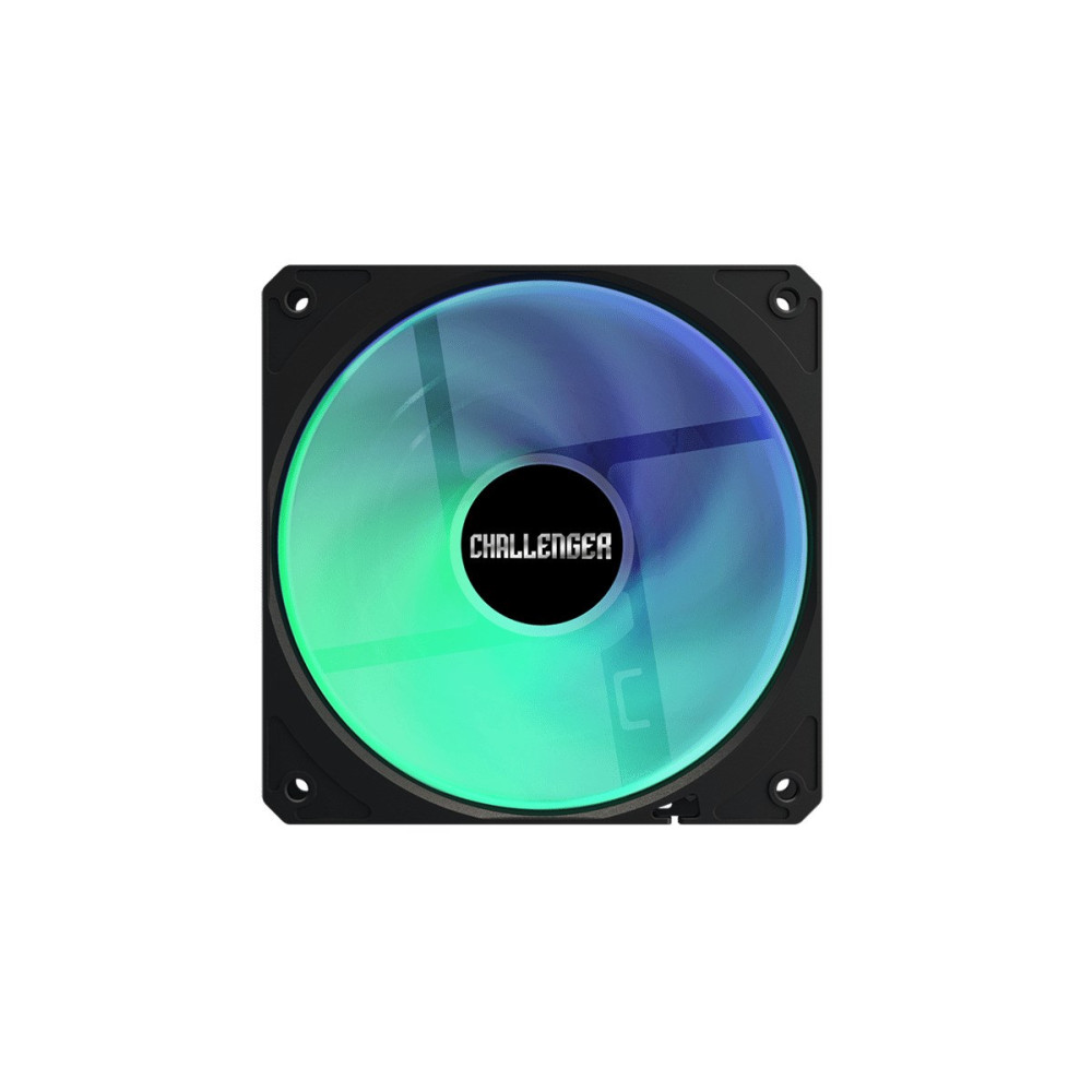 Czarny wentylator komputerowy z podświetleniem RGB w kolorach niebieskim i zielonym, z logo CHALLENGER.