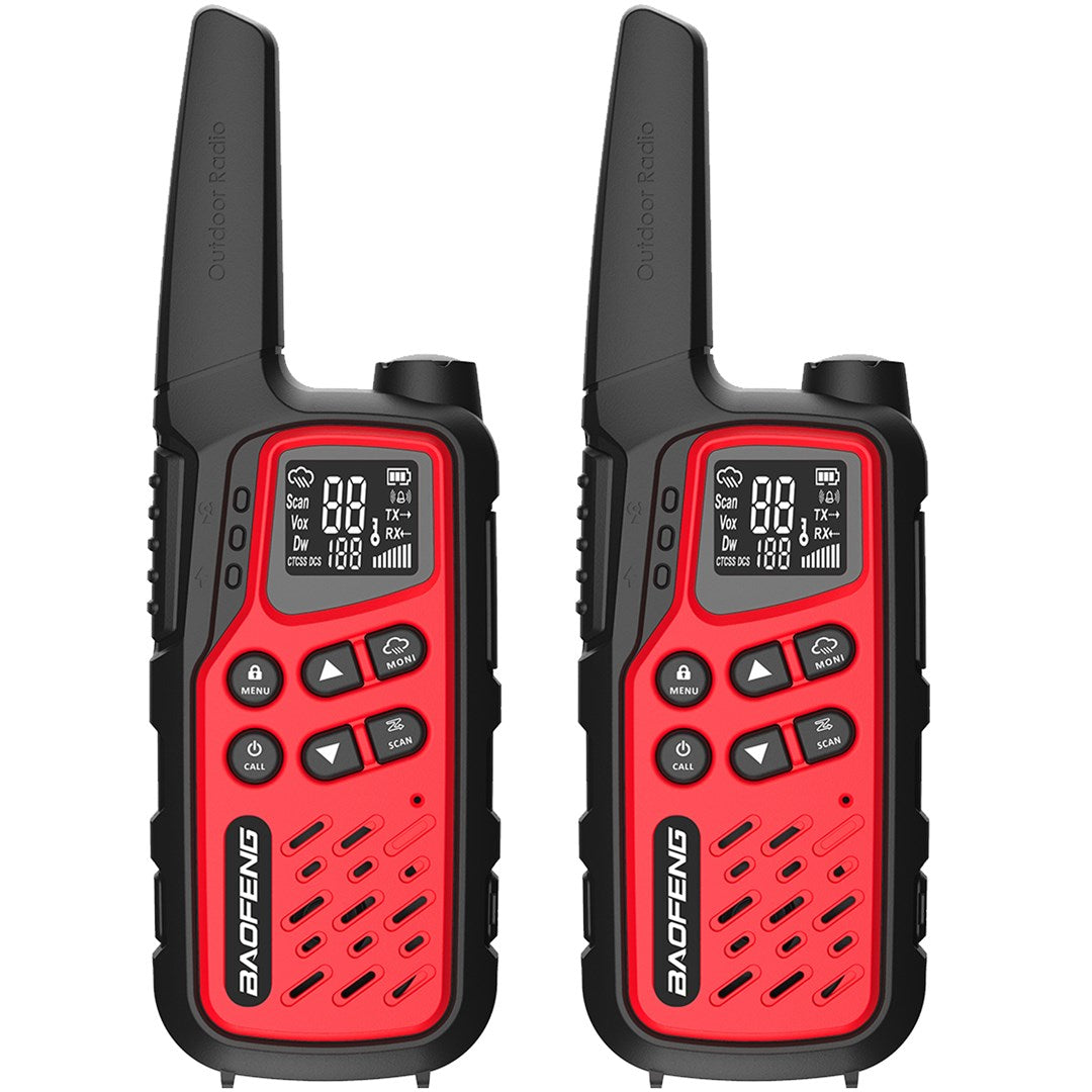 Due radio rosse e nere da esterno una accanto all'altra con display.