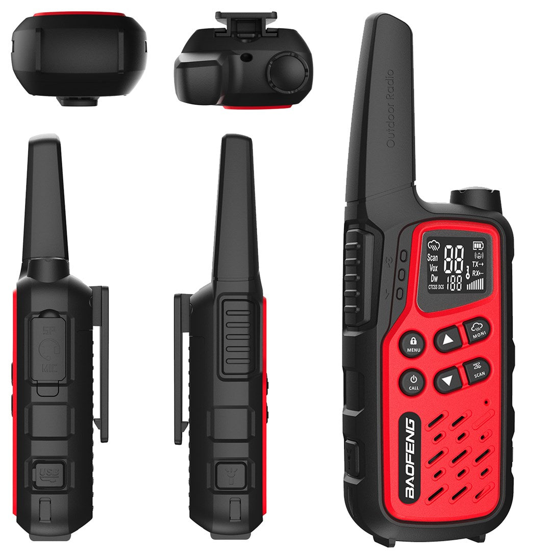 Un walkie-talkie da esterno nero e rosso con schermo LCD e pulsanti.