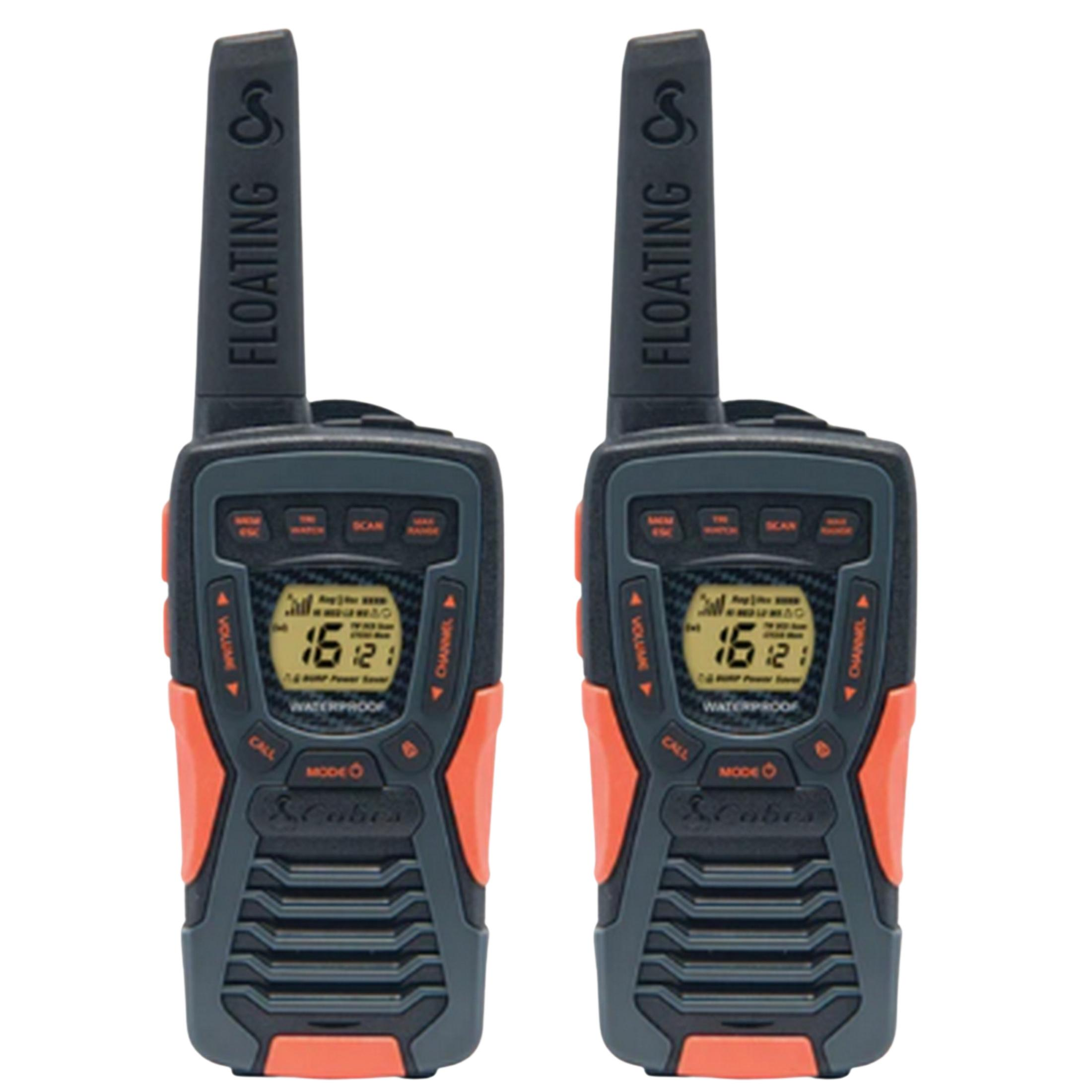 Due walkie-talkie impermeabili arancioni e neri con antenne stanno fianco a fianco.