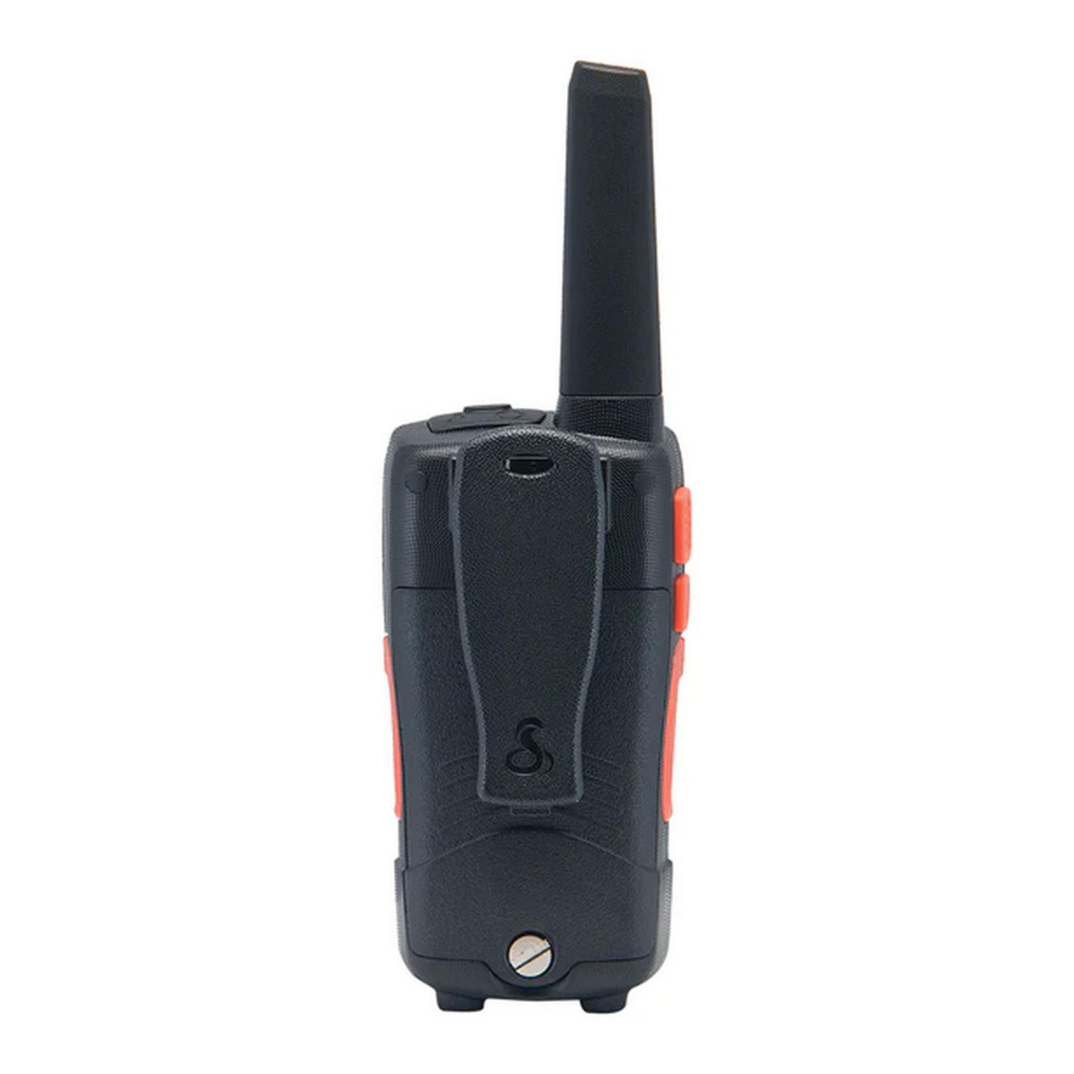 Walkie-talkie nero con accenti arancioni e clip nera sul lato.