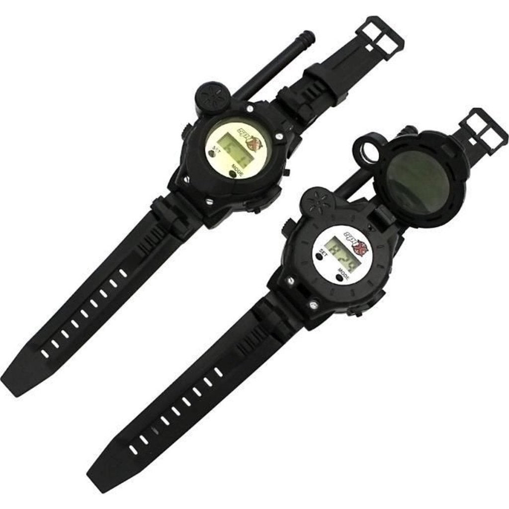 Due orologi digitali neri con antenne e schermi rotondi su sfondo bianco.