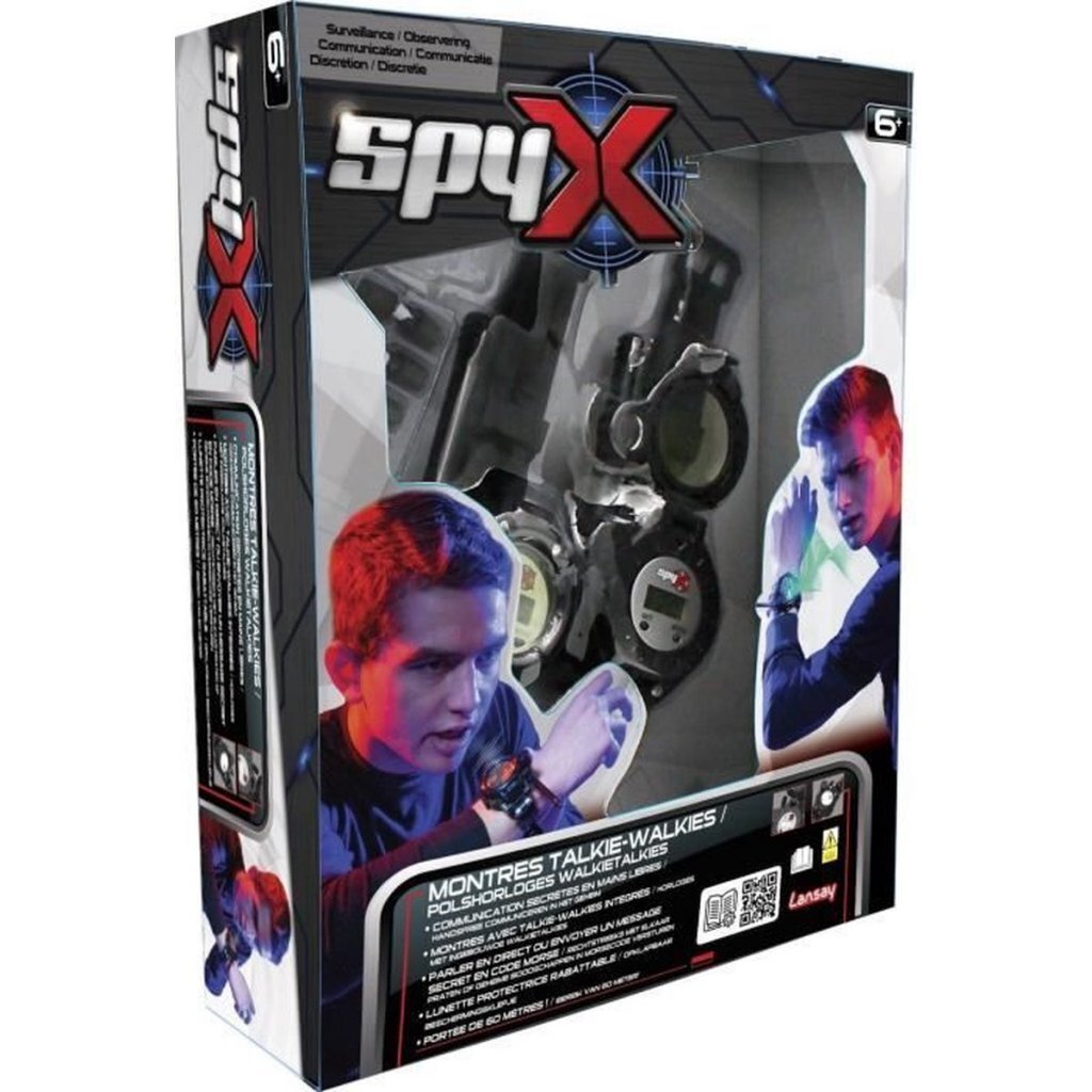 Scatola di orologi walkie-talkie SpyX per bambini, con immagini di ragazzi.