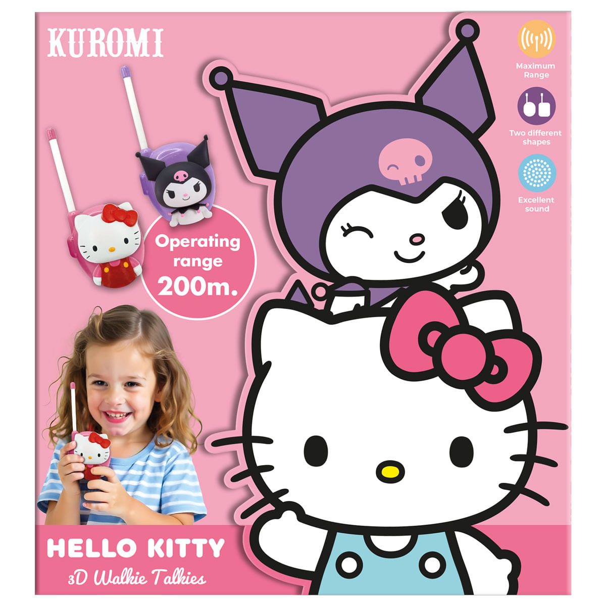 Una bambina tiene un walkie-talkie di Hello Kitty. Kuromi e Hello Kitty sono raffigurati.