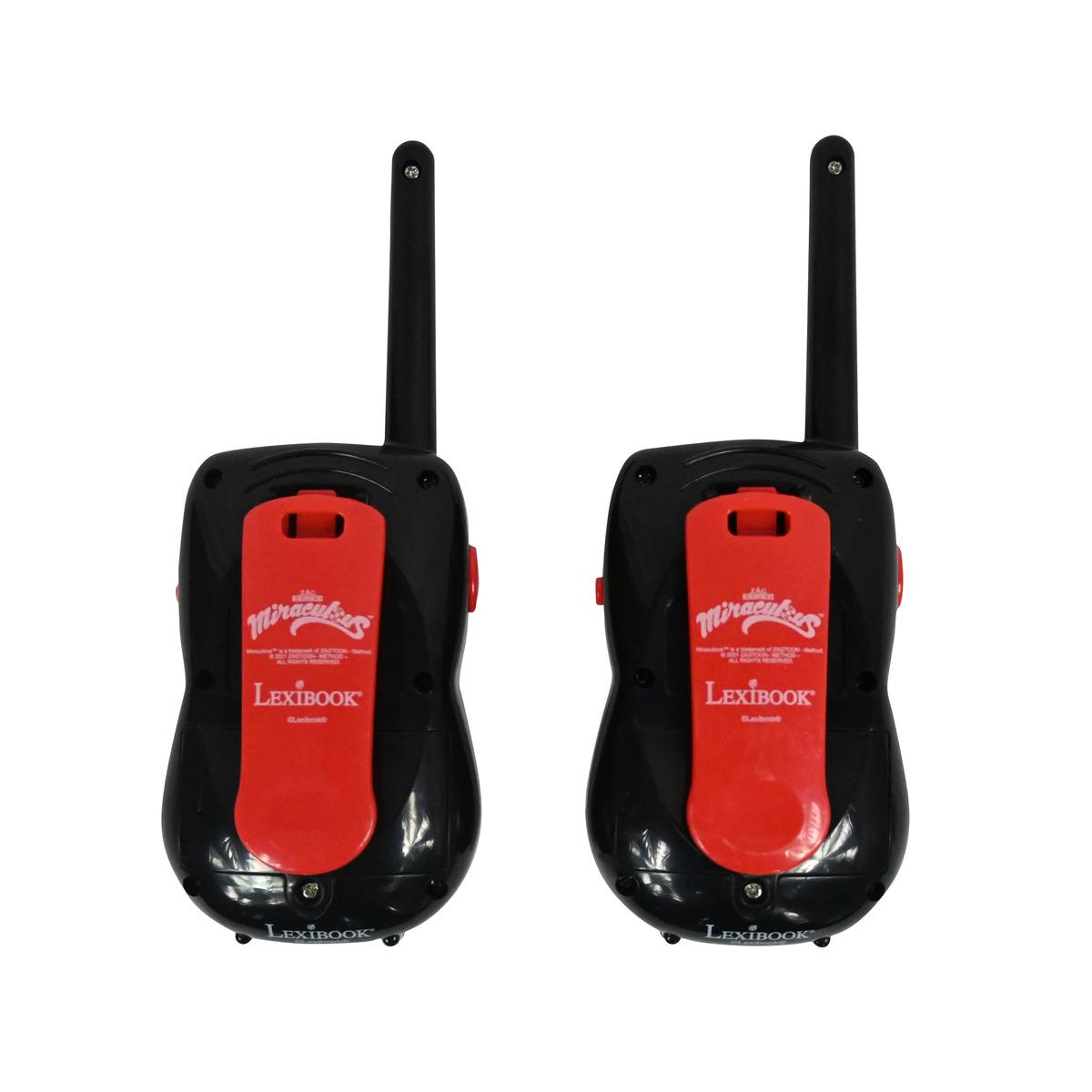 Due walkie-talkie Lexibook Miraculous neri e rossi con antenne.