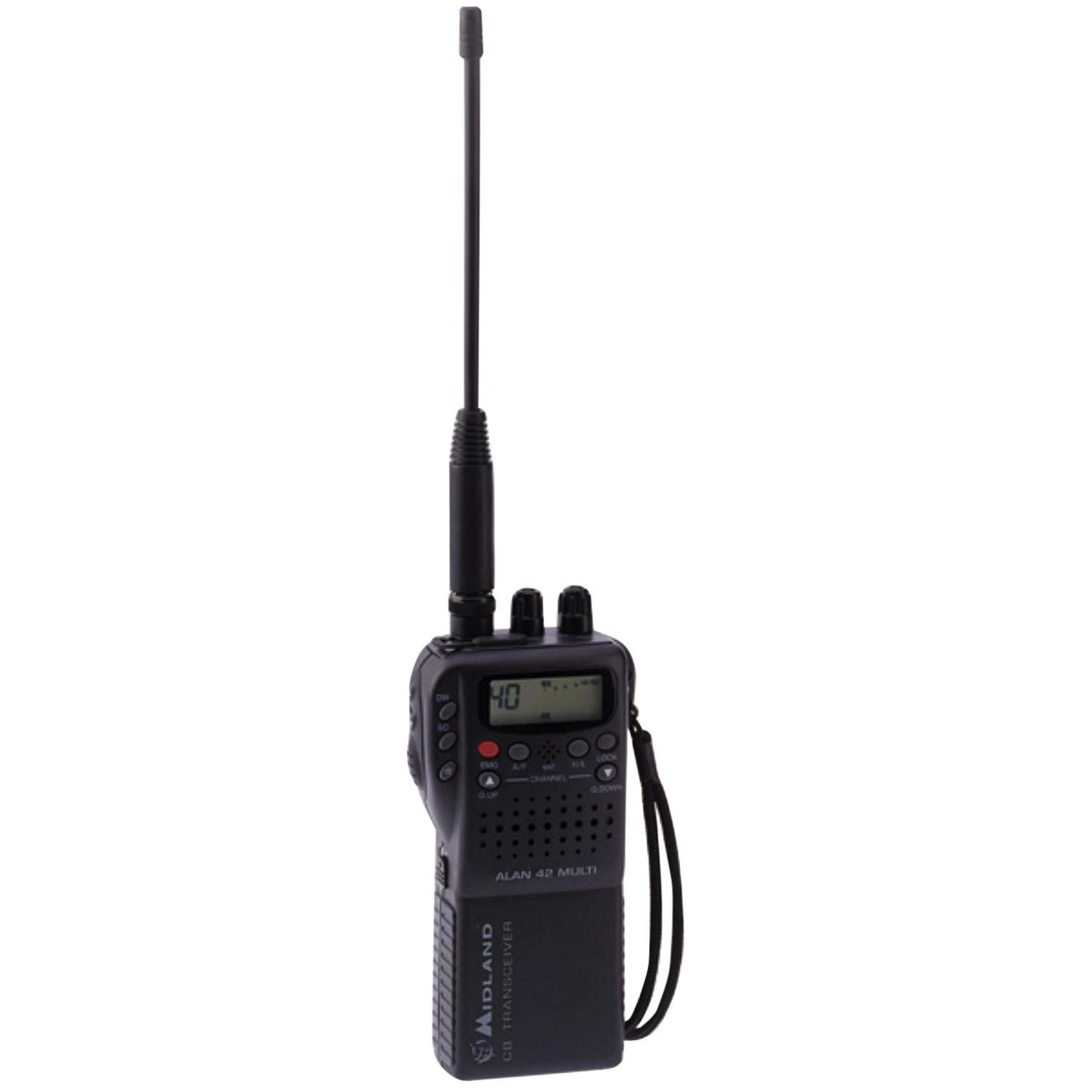 Un ricetrasmettitore Midland CB nero con antenna e laccetto.