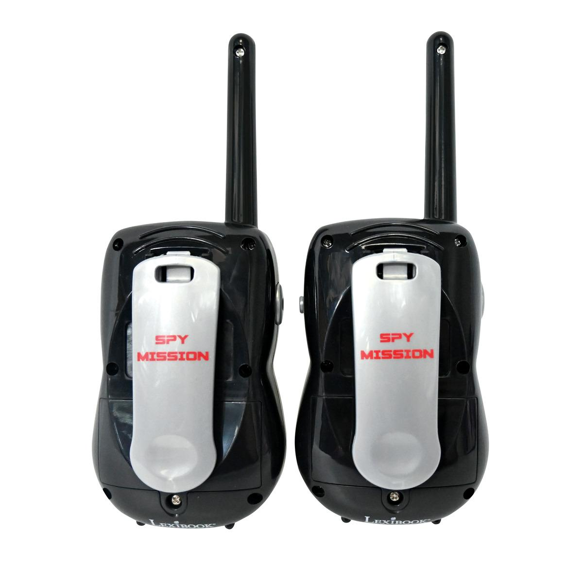 Due walkie-talkie neri con antenne e scritta "SPY MISSION".