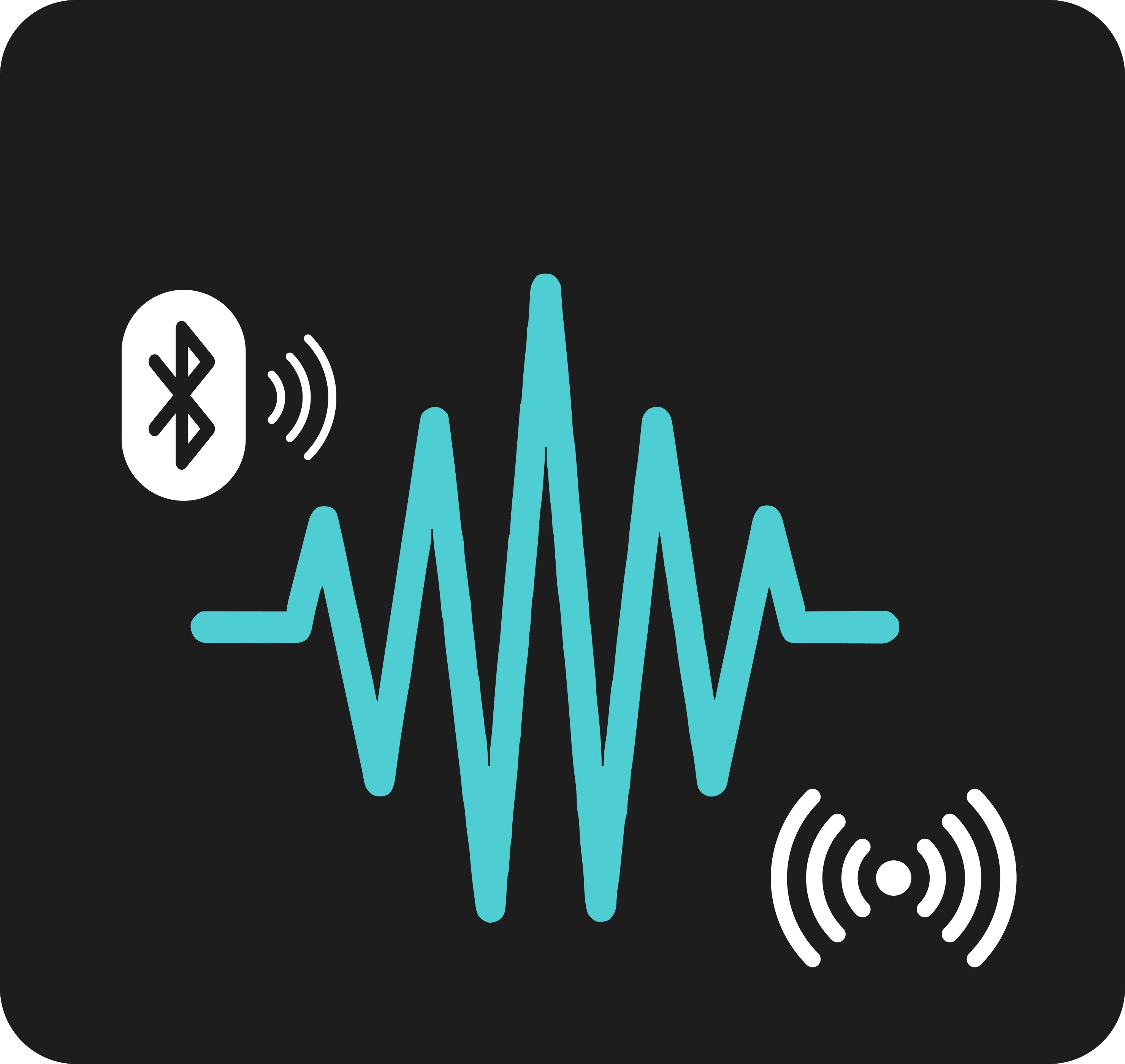 Symbol Bluetooth i linie faliste na czarnym tle.