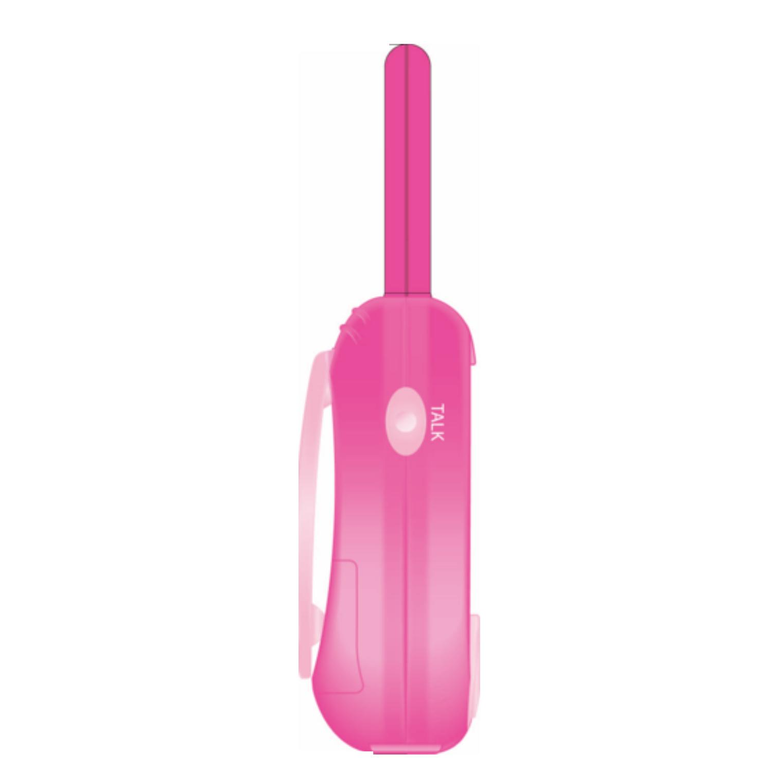 Un walkie-talkie rosa con pulsante TALK, su sfondo bianco.